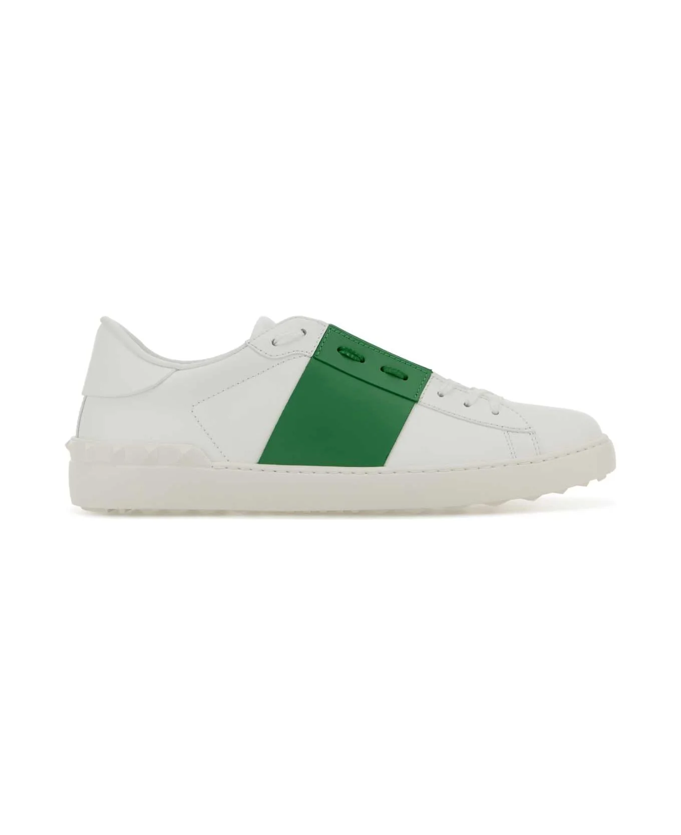 White Leather Open Sneakers With Green Band - 1