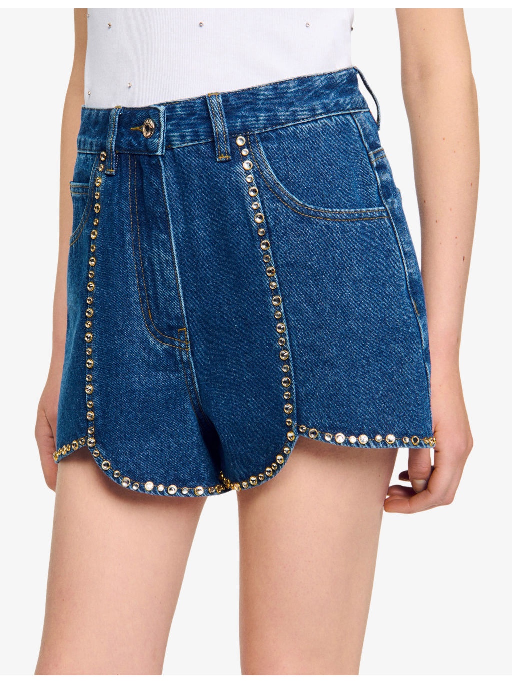 Rhinestone-Embellished Tulip-Hem Denim Shorts - 5