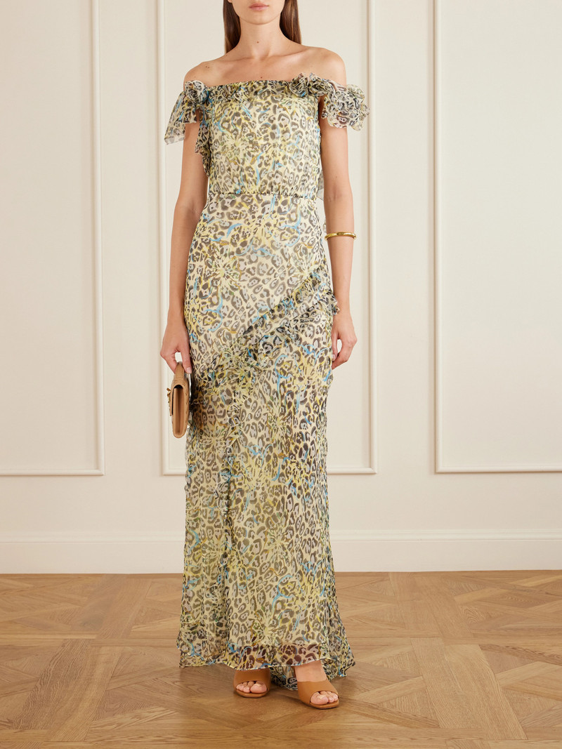 SALONI Nina Off-the-shoulder Ruffled Printed Silk Gown outlook