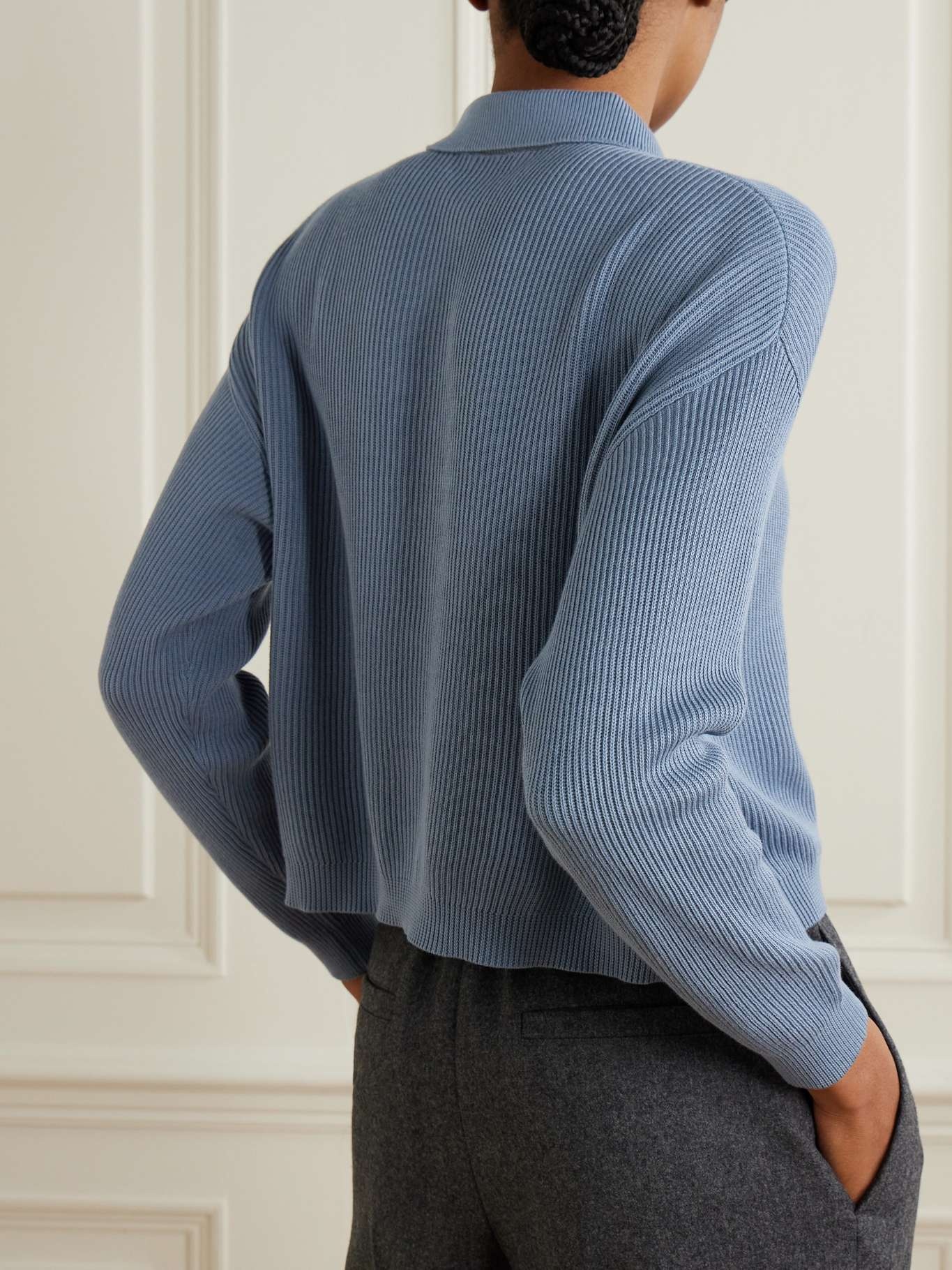 Bead-embellished ribbed cotton sweater Blue - 4