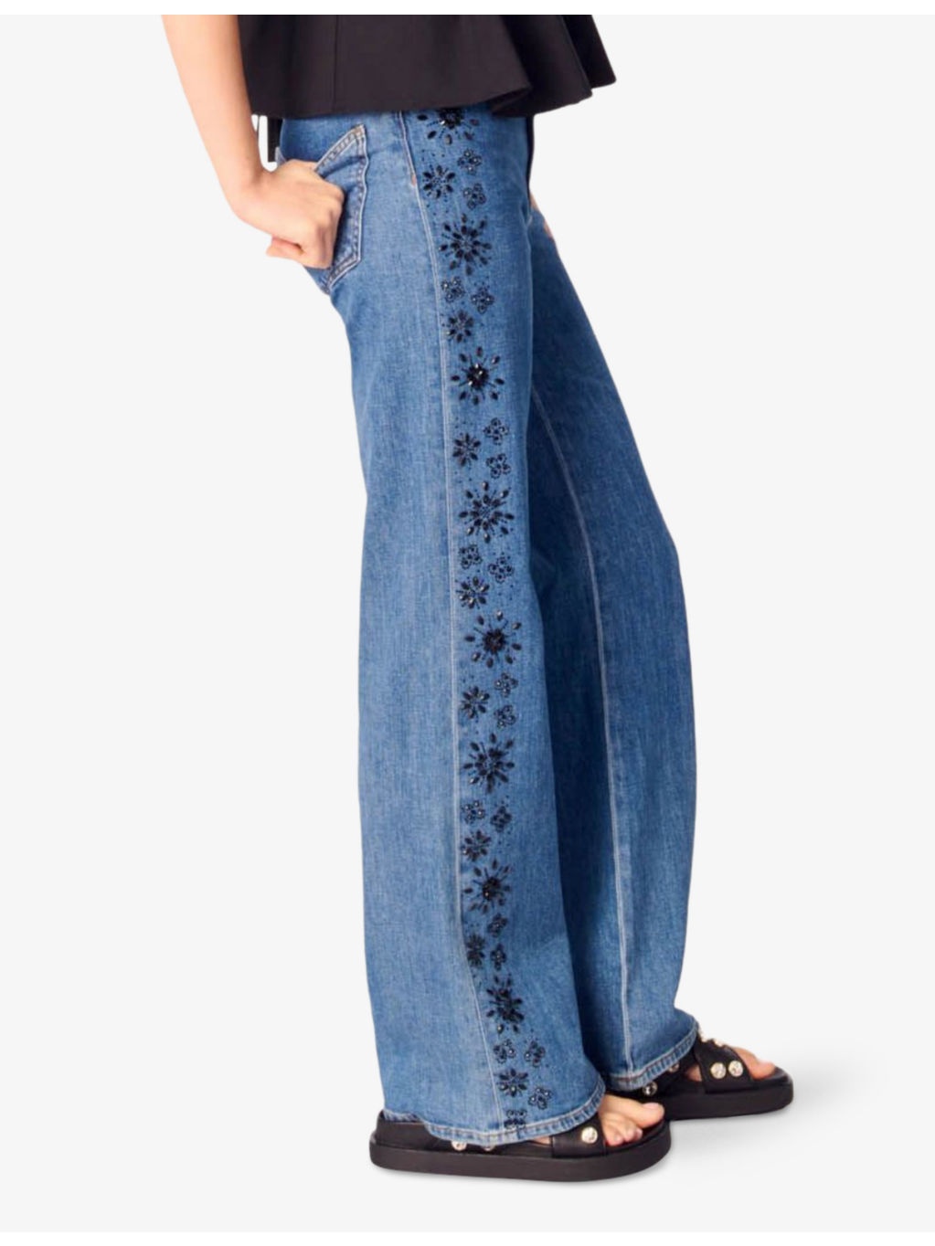 Embroidered Rhinestone-Embellishment Denim Jeans - 3