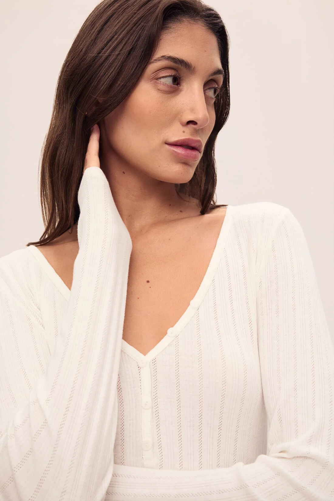 Pointelle V Neck Henley - 1