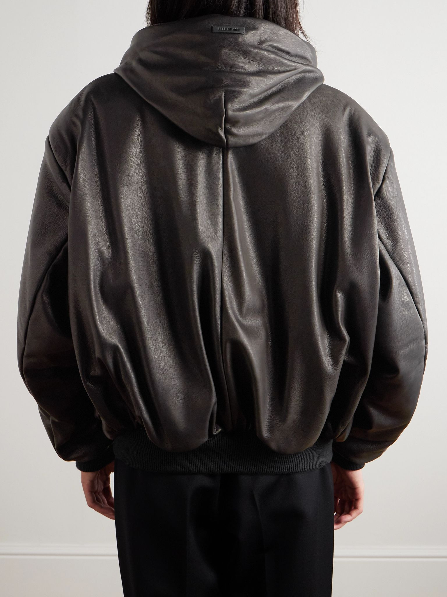 Padded Leather Hooded Bomber Jacket Black - 4