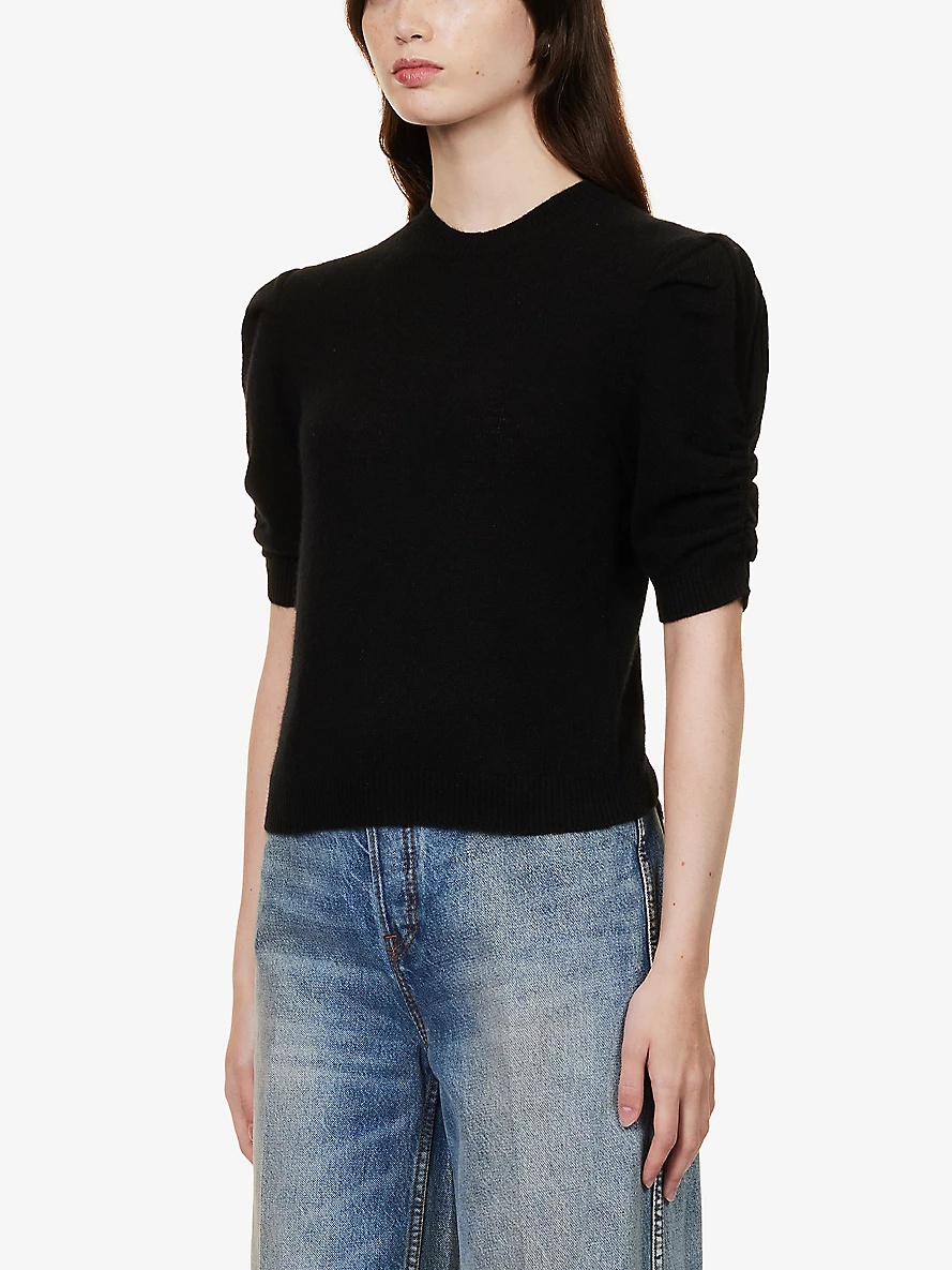 Puffed-sleeve ribbed-trim cashmere top - 3