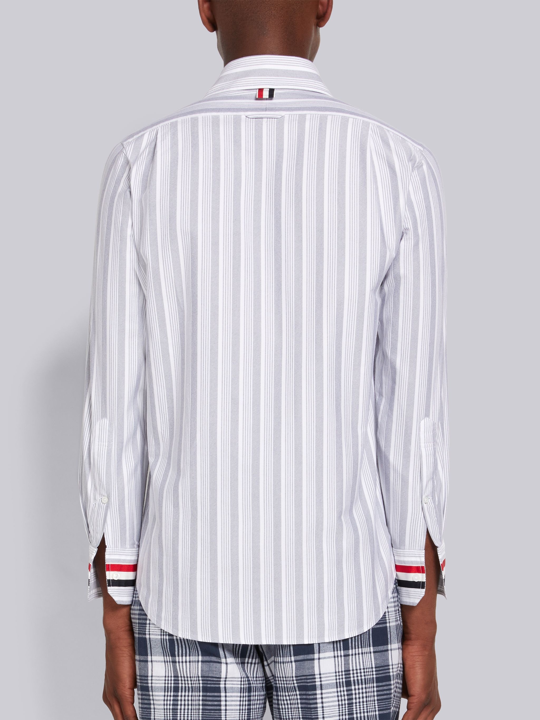Navy Stripe Oxford Stripe Cuff Straight Fit Round Collar Shirt - 4