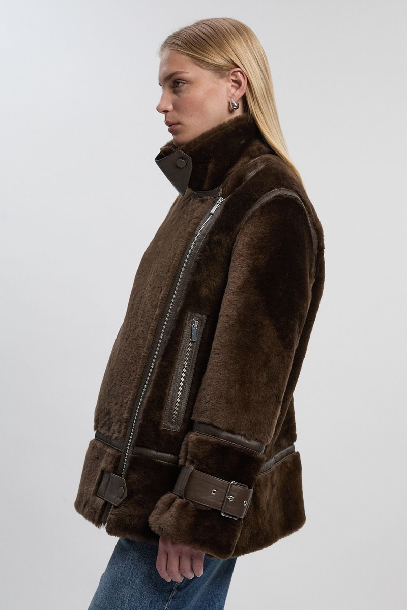 Shearling & Leather Tipped High Neck Coat 1