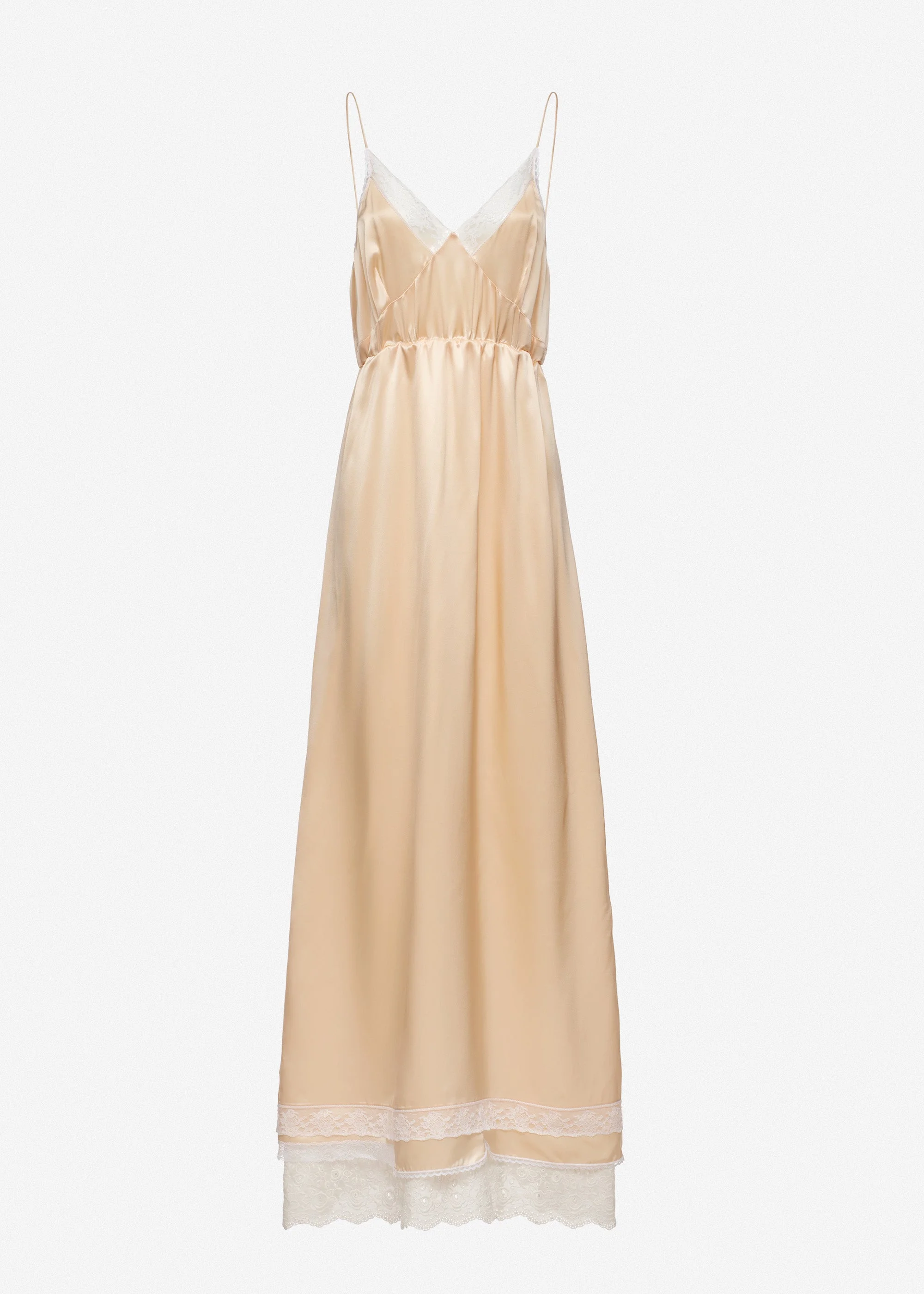 Lace-trim silk slip maxi dress in peach - 1