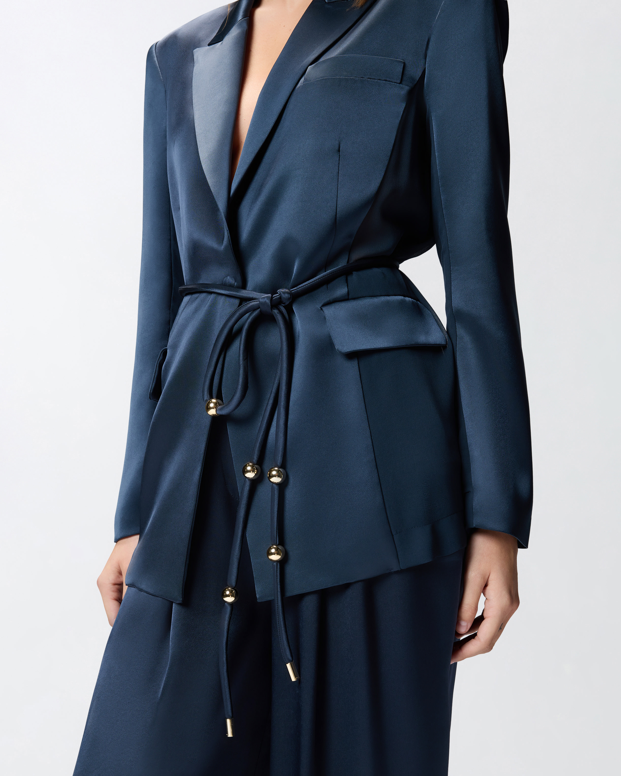 GLOSSY SATIN BLAZER WITH BELT AND SPHERE ACCENT - 5