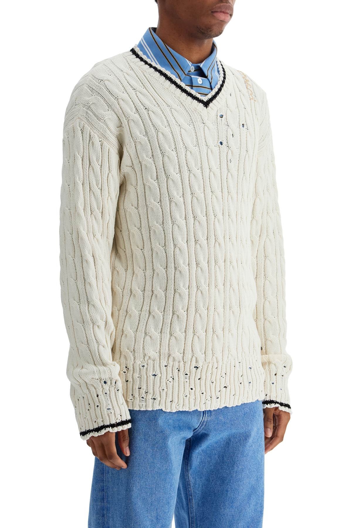 Marni white cotton sweater with cable knit v-neck - 2
