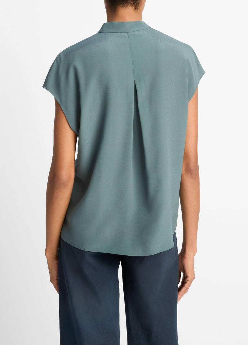 Vince Contrast-Placket Stretch-Silk Cap-Sleeve Blouse outlook
