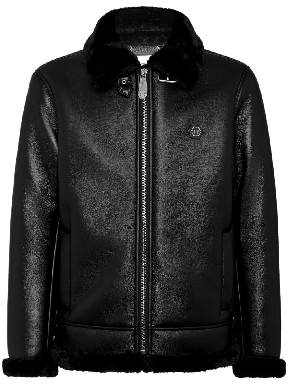 logo-patch faux-leather bomber jacket - 1