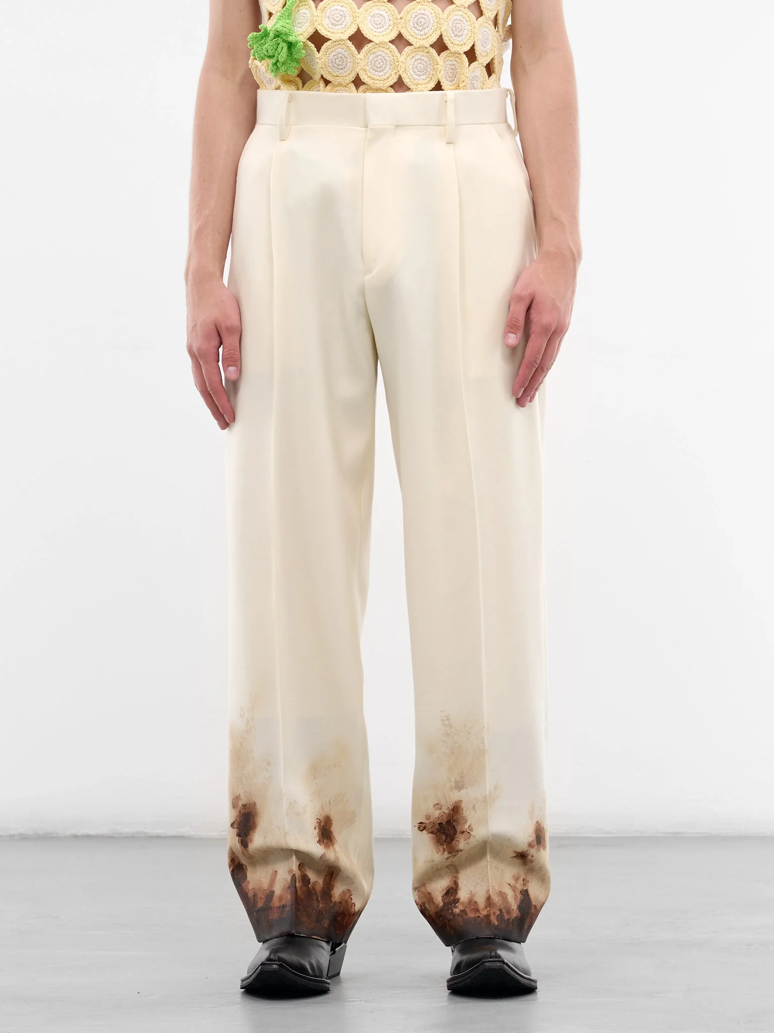 White Wool Mud Print Trousers - 1