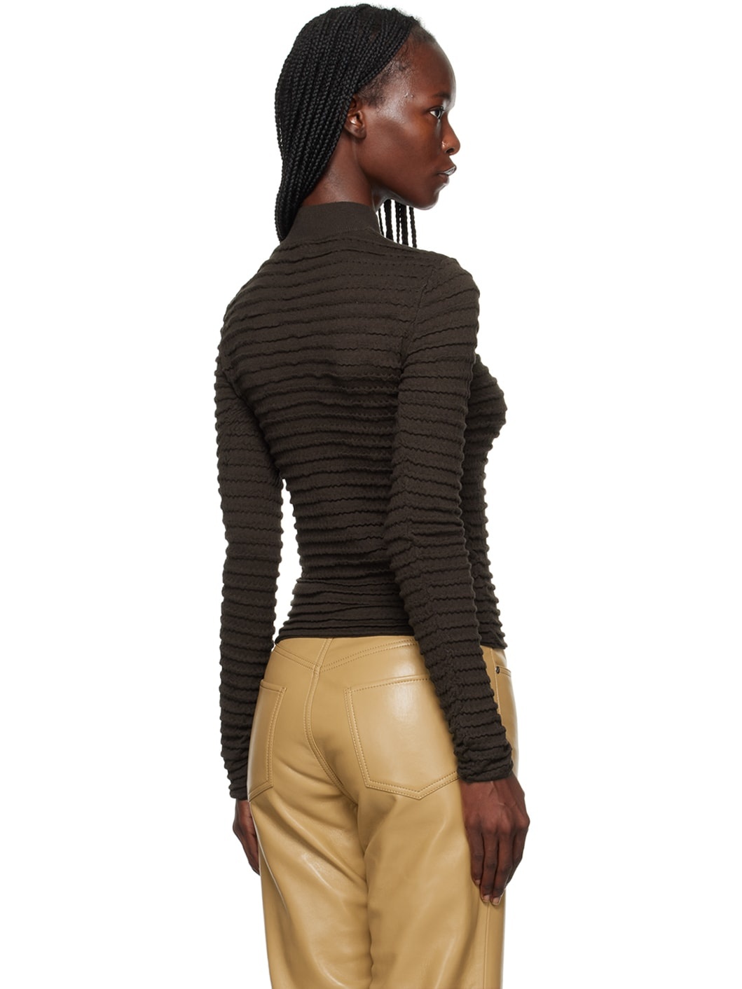 Brown Smocked Turtleneck - 3