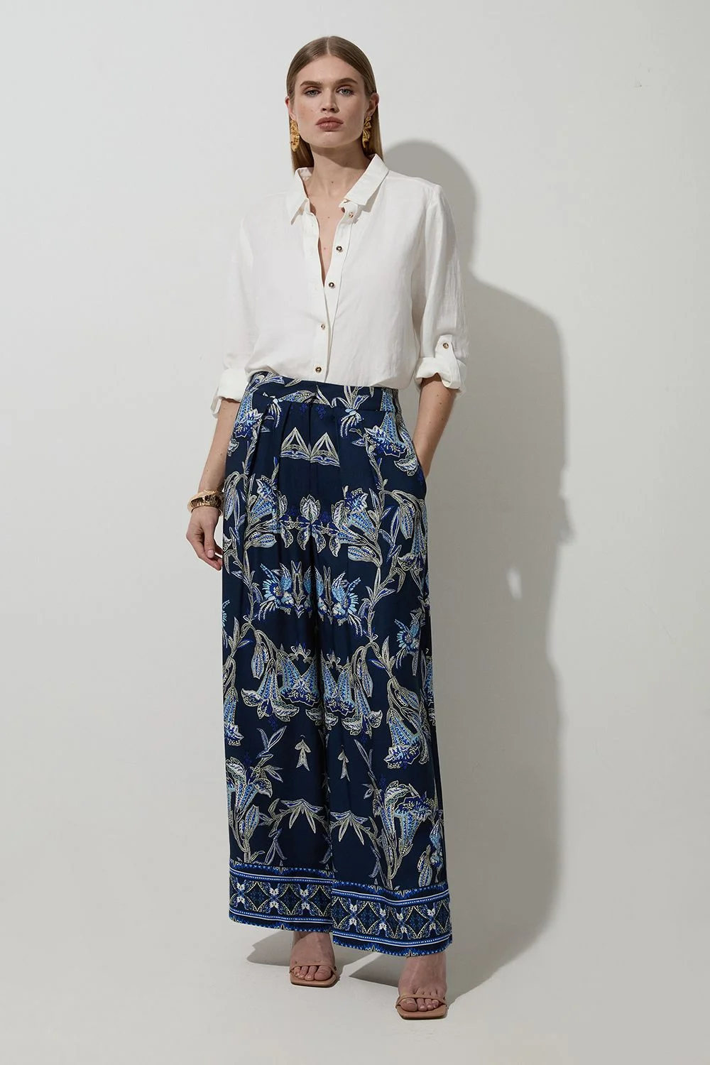 Viscose Linen Mirrored Floral Woven Straight Leg Trouser - 1