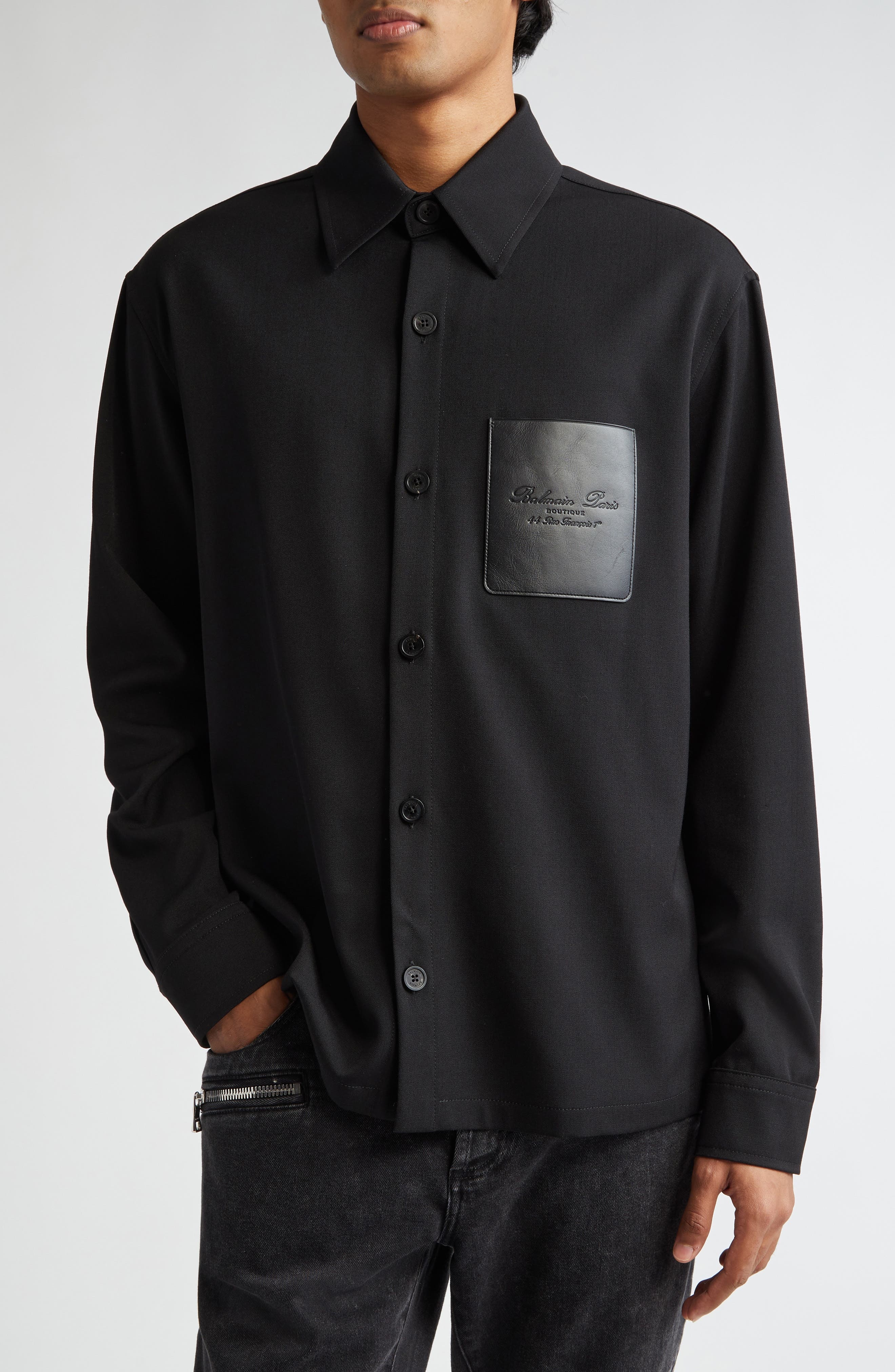 Balmain Couture Label Grain de Poudre Button-Up Overshirt in 0Pa Black at Nordstrom - 1