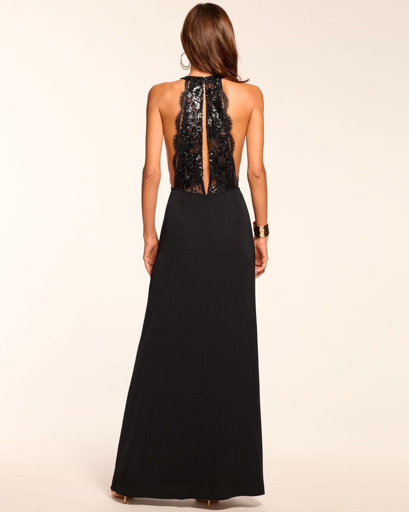 Chantal Plunging Metallic Lace Gown 4