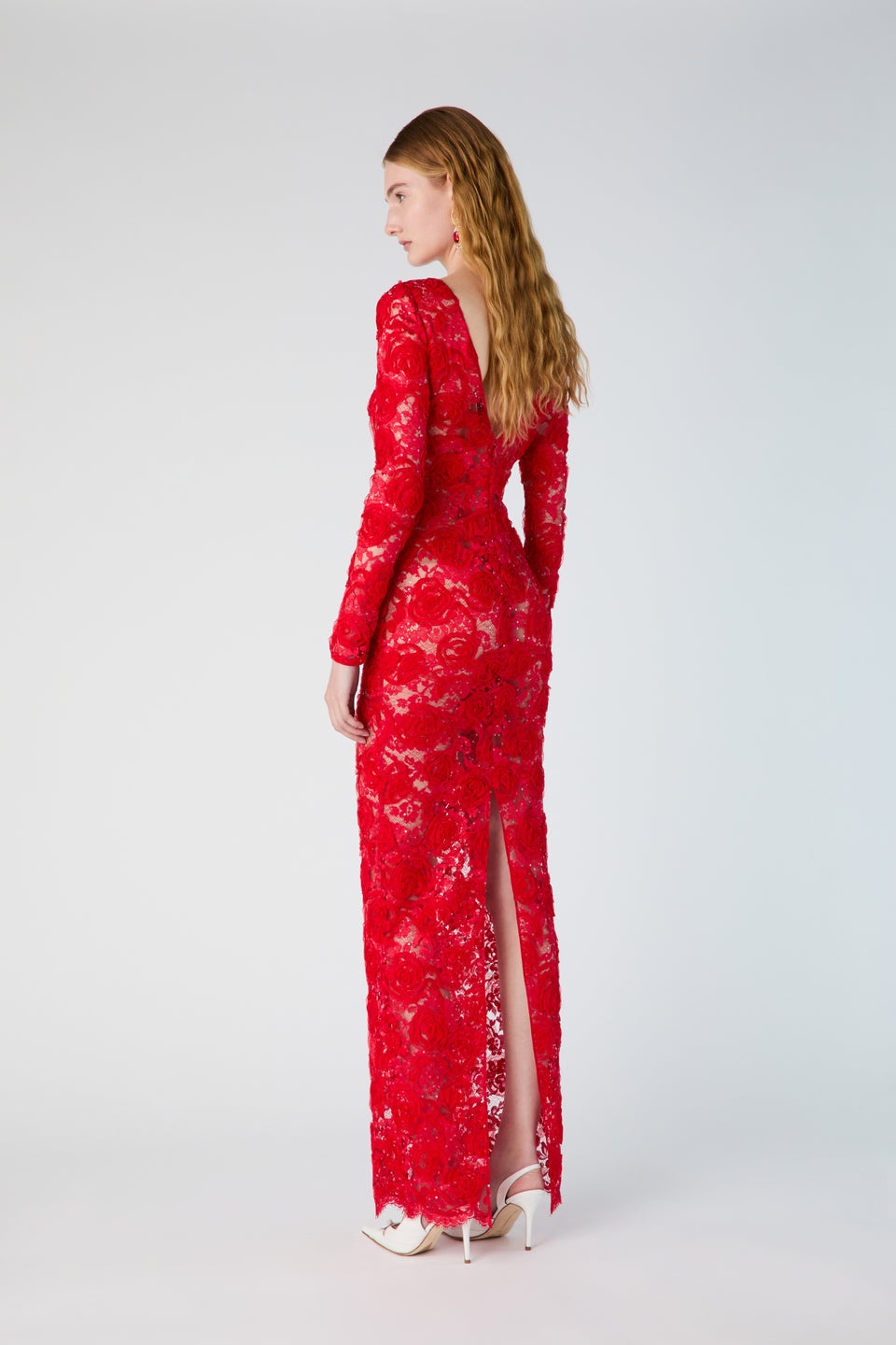 OPEN BACK LACE DRESS WITH SEQUIN, ROSE EMBROIDERY - 5