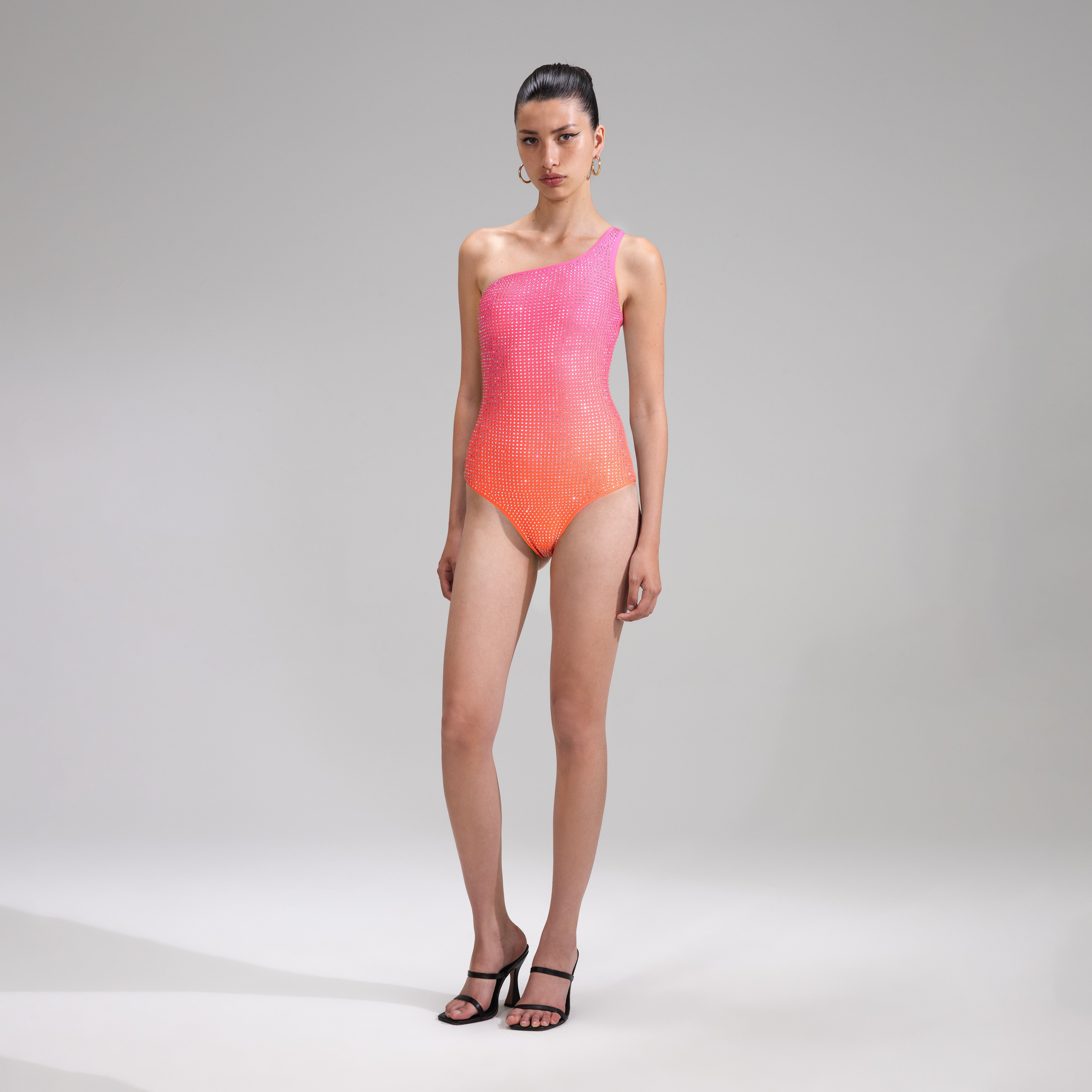 Pink Rhinestone One Shoulder Swimsuit - 2