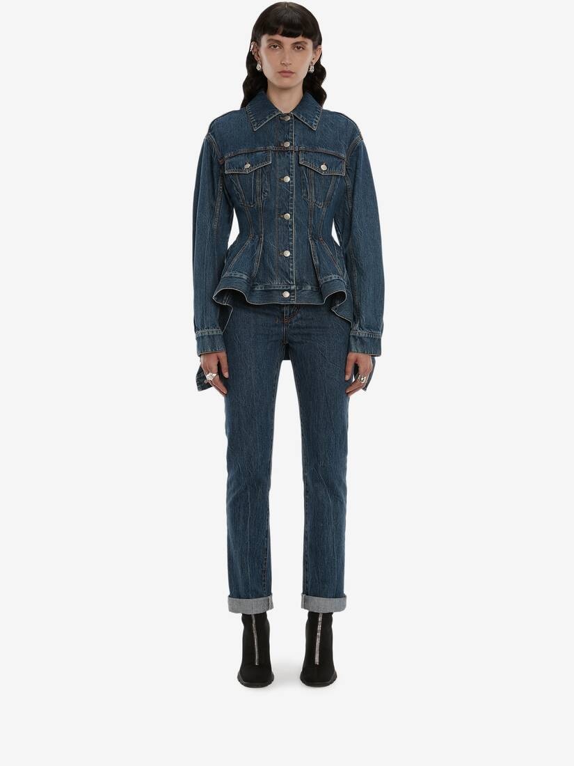 Peplum Denim Jacket in Washed Blue - 2