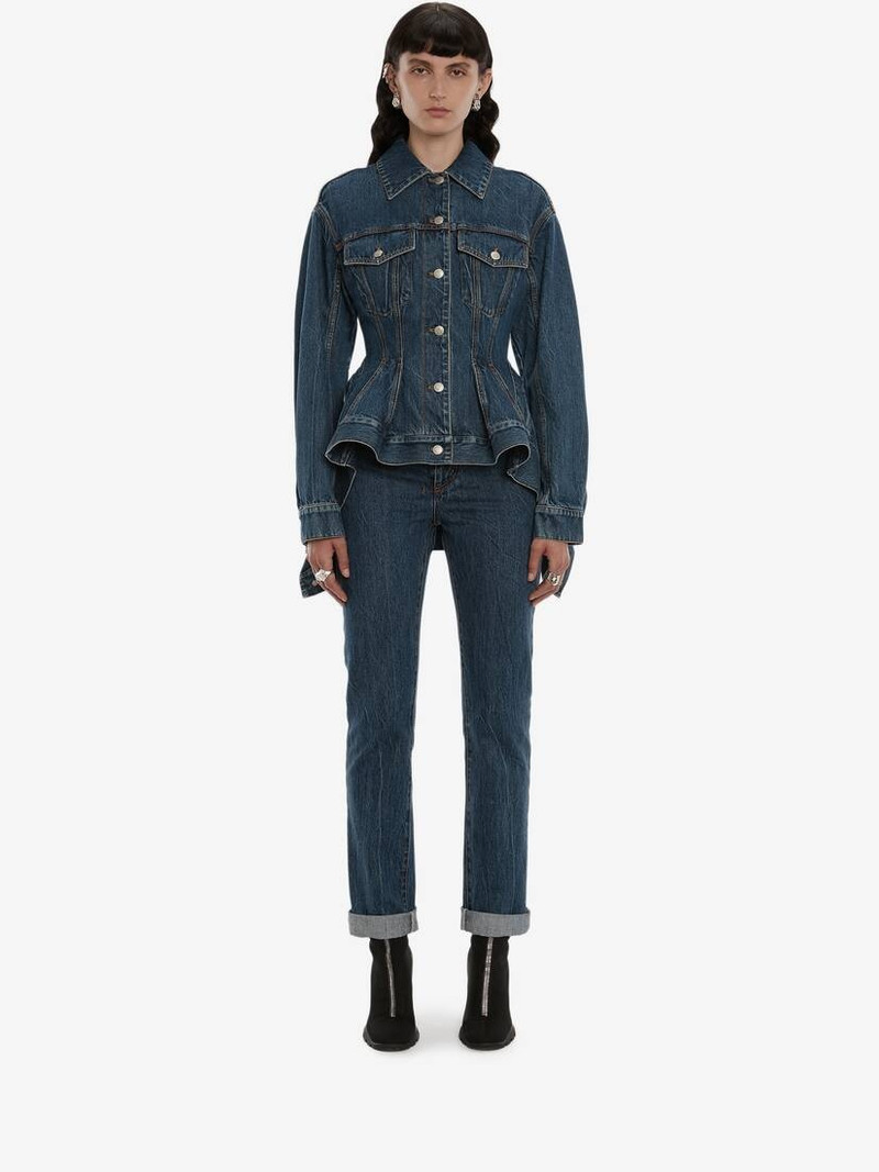 Alexander McQueen Peplum Denim Jacket in Washed Blue outlook
