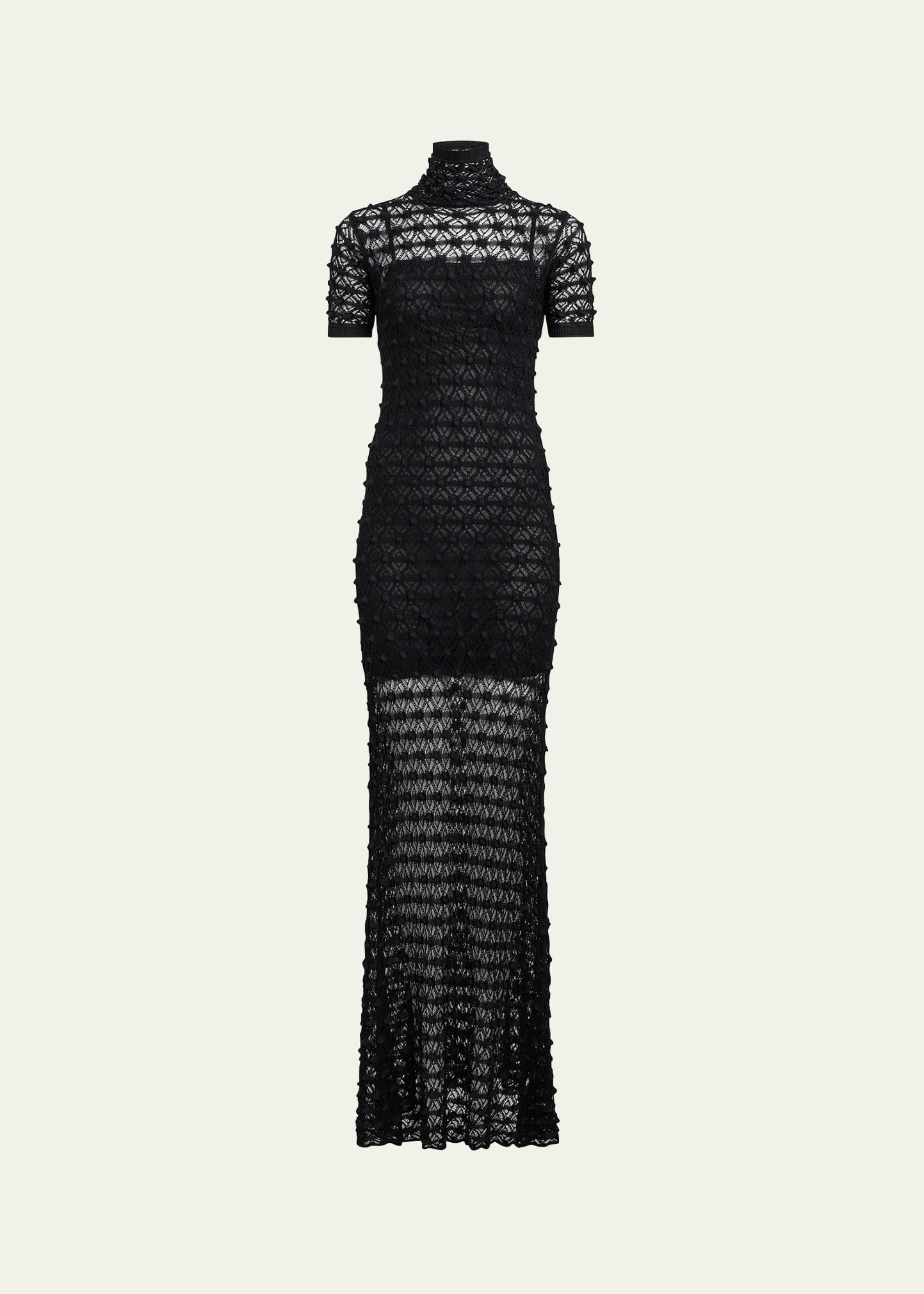 Mock-Neck Short-Sleeve Sheer Lace Gown - 1