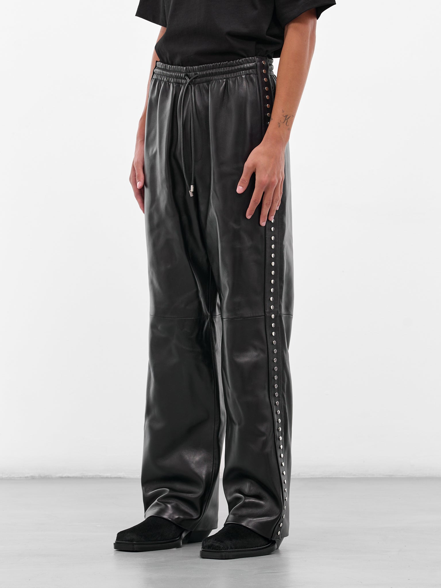 Black Studded Lambskin Elasticated Pants - 2