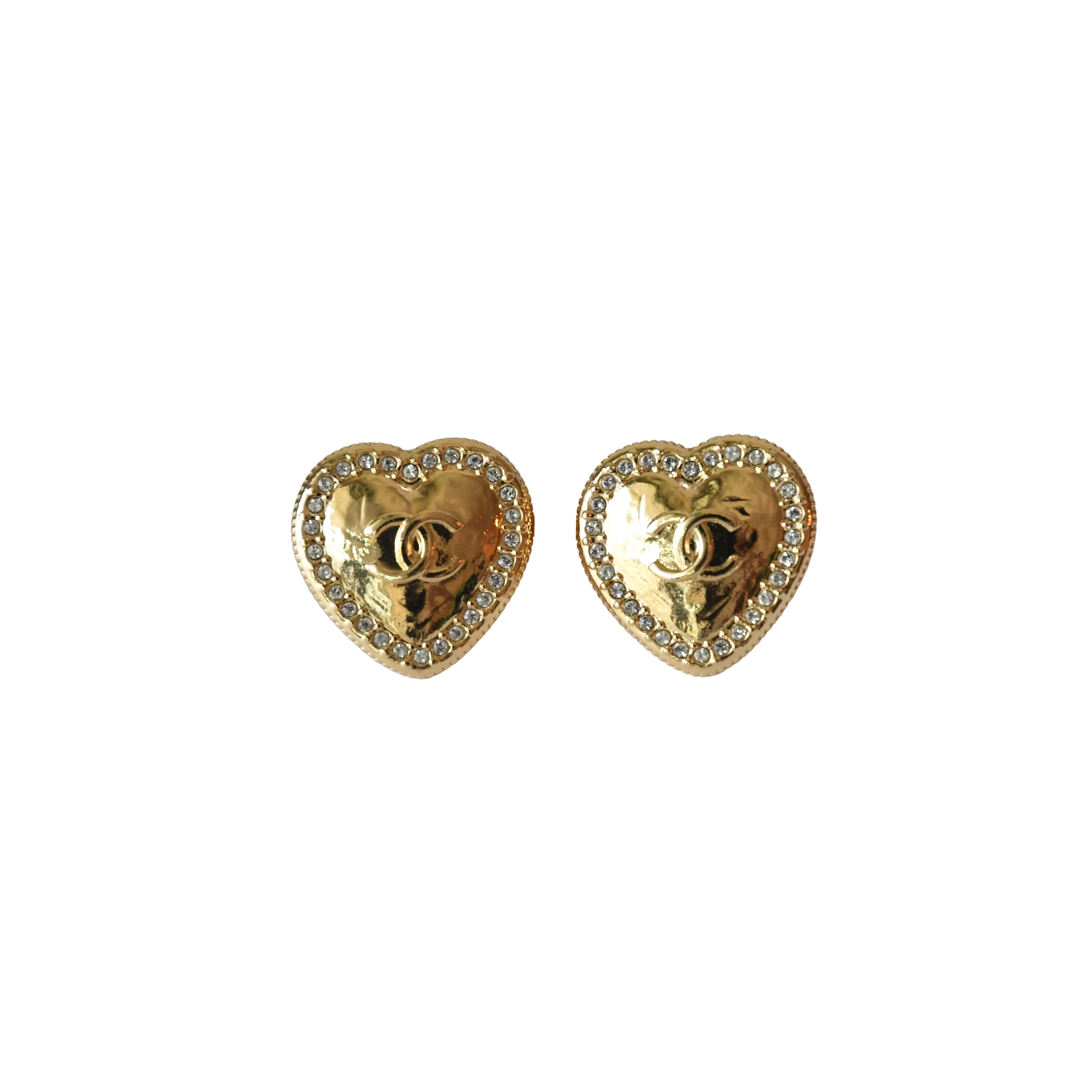 Chanel Crystal Strass CC Metal Heart Stud Earrings Gold - 2