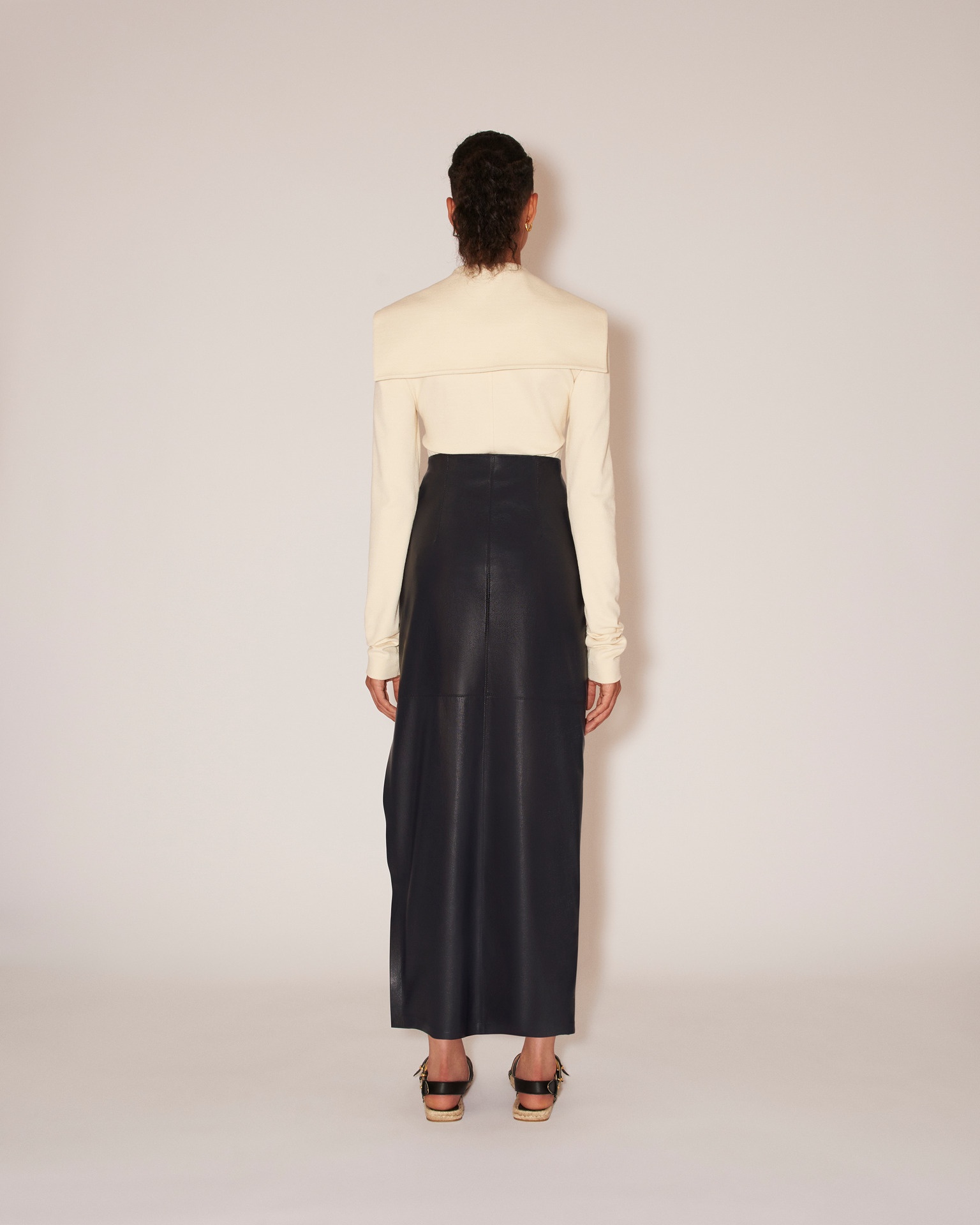 NEVE - Vegan leather waterfall trim pencil skirt - Navy - 4