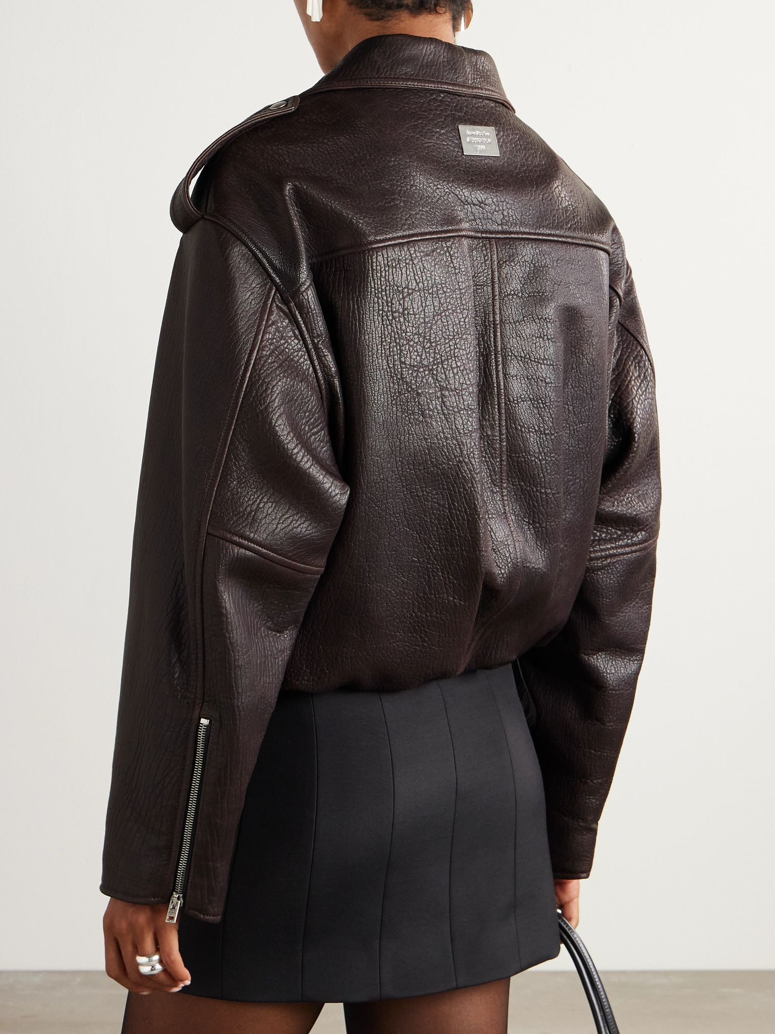 Gathered textured-leather biker jacket Brown - 3