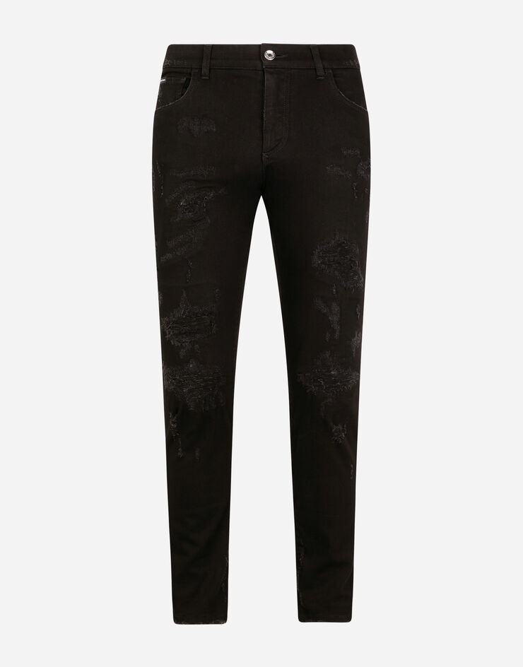 Black slim-fit stretch jeans with repaired rips - 3