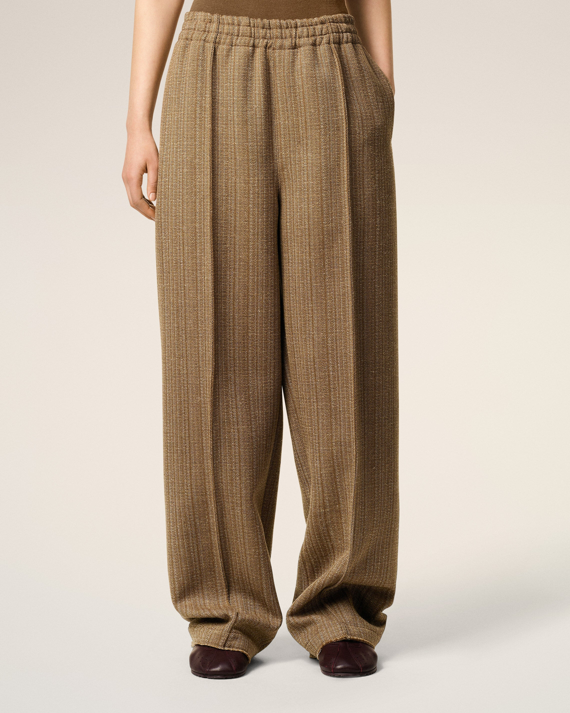 BROWN WOOL HERRINGBONE ELASTICATED TROUSERS - 3
