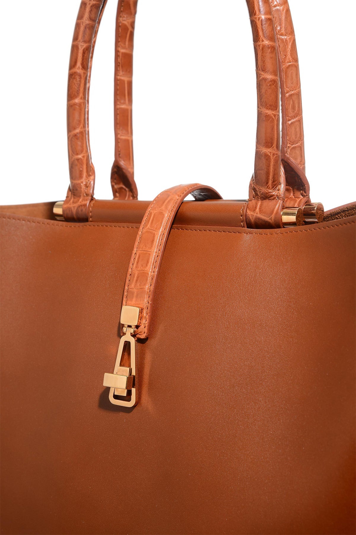Vevers Tote Bag in Cognac Leather with Crocodile Leather Handle - 3