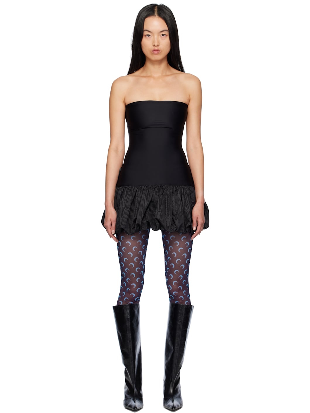 Black Recycled Moire Bubble Minidress - 1