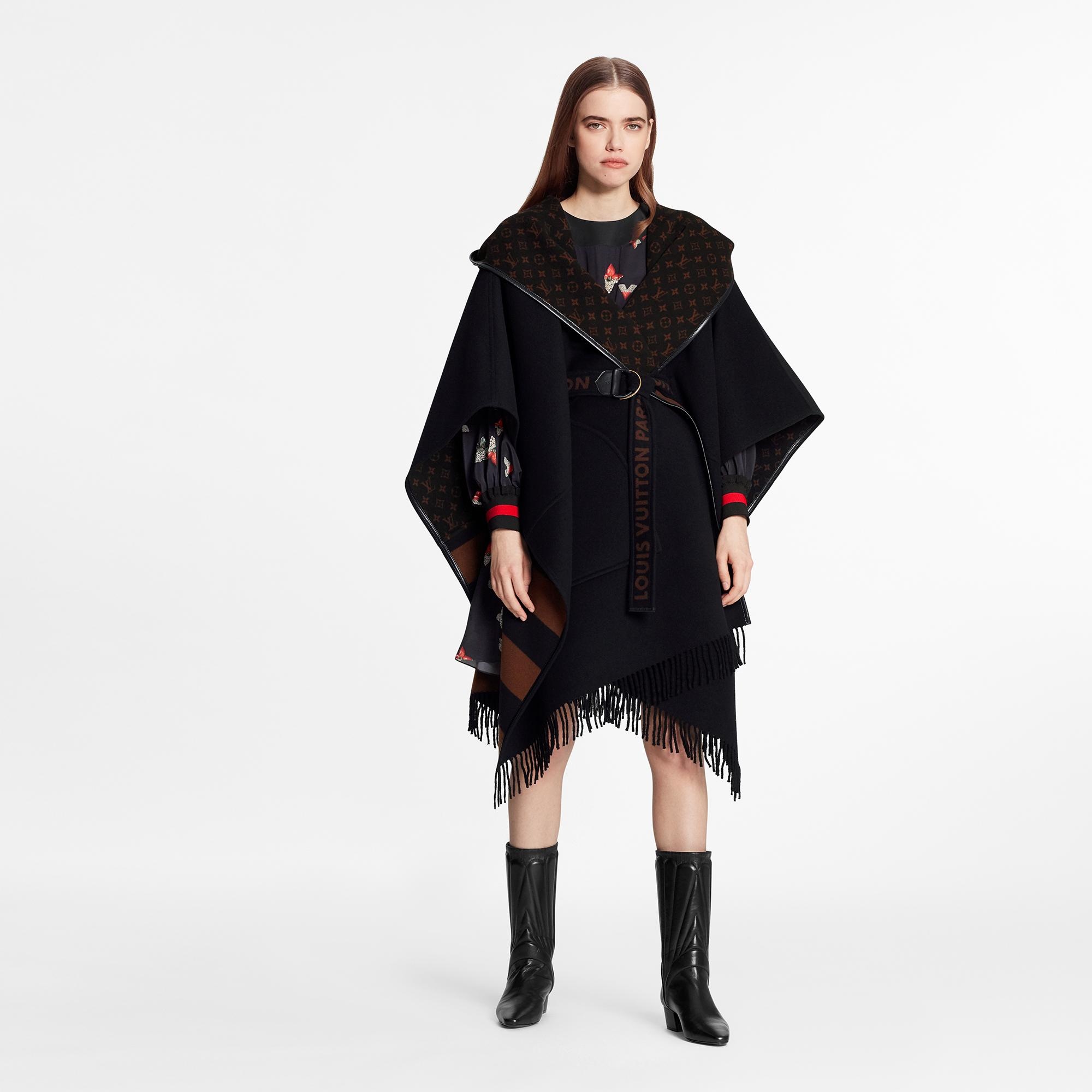 Louis Vuitton, Black Hooded Wrap Coat In Wool & Silk With Fringe Ponc