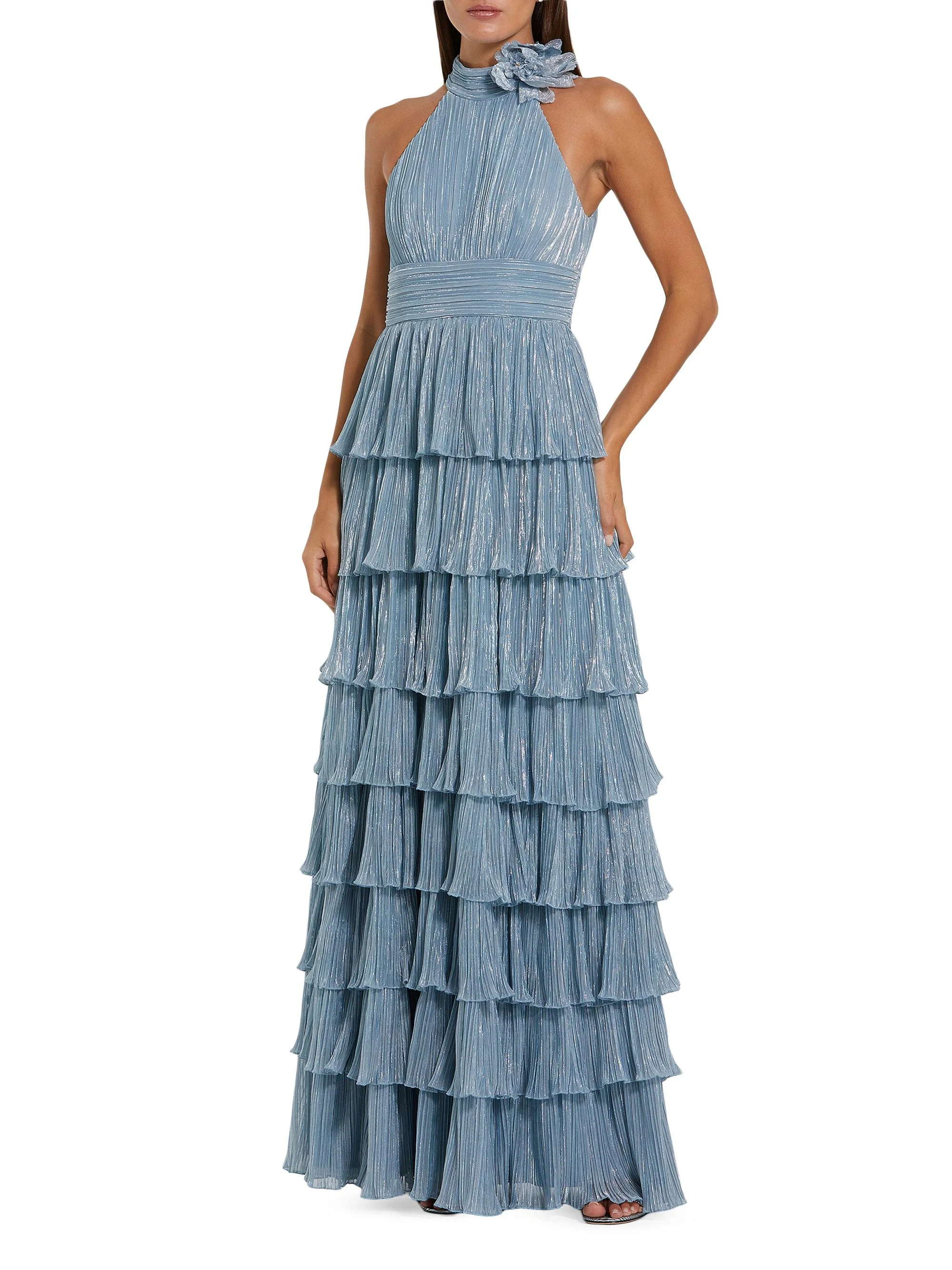 Women's Metallic Pleated Tiered Gown - Powder Blue - 1