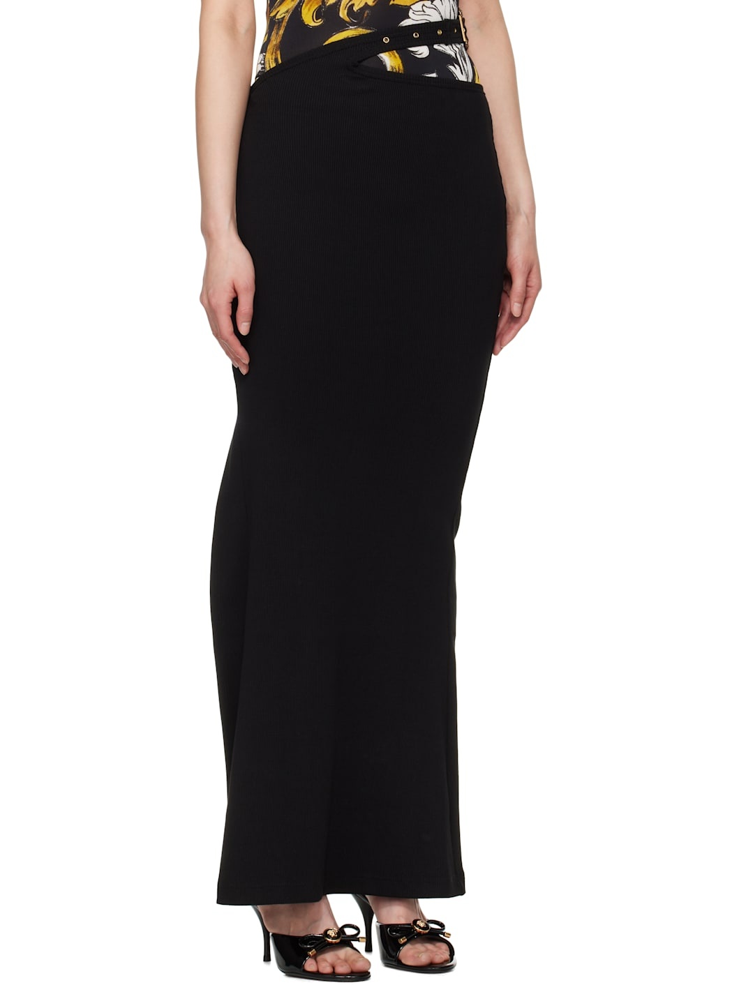 Black Baroque Buckle Ribbed Maxi Skirt - 2
