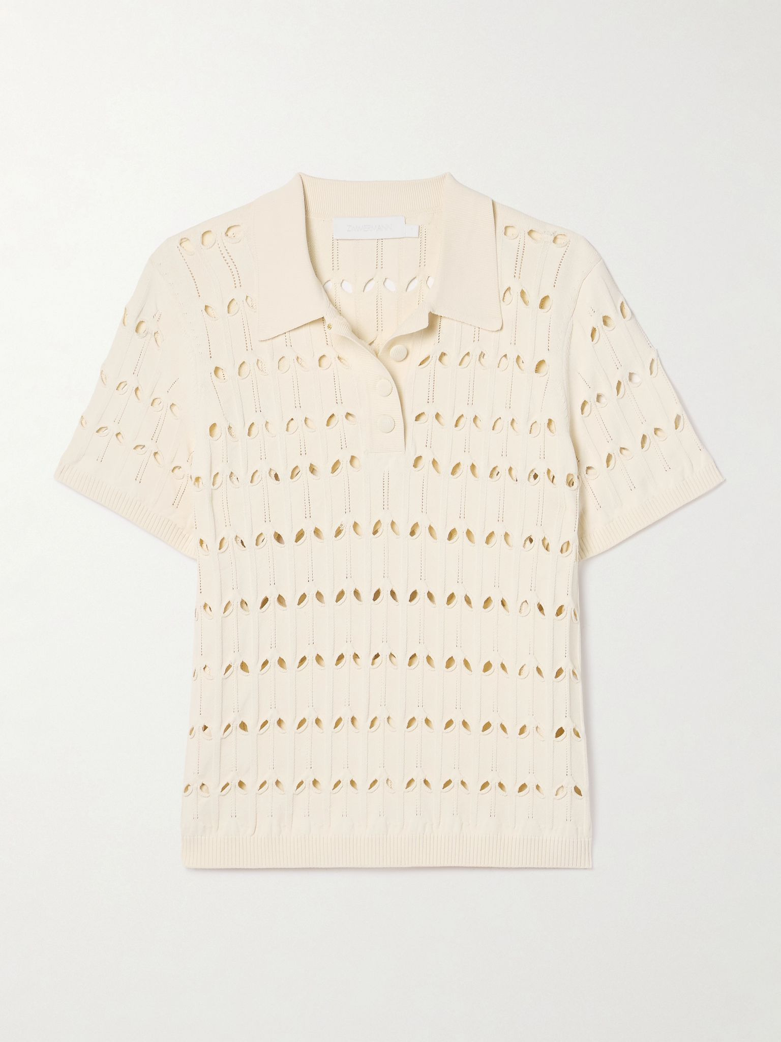 Rhiannon cutout pointelle-knit polo shirt Cream - 1