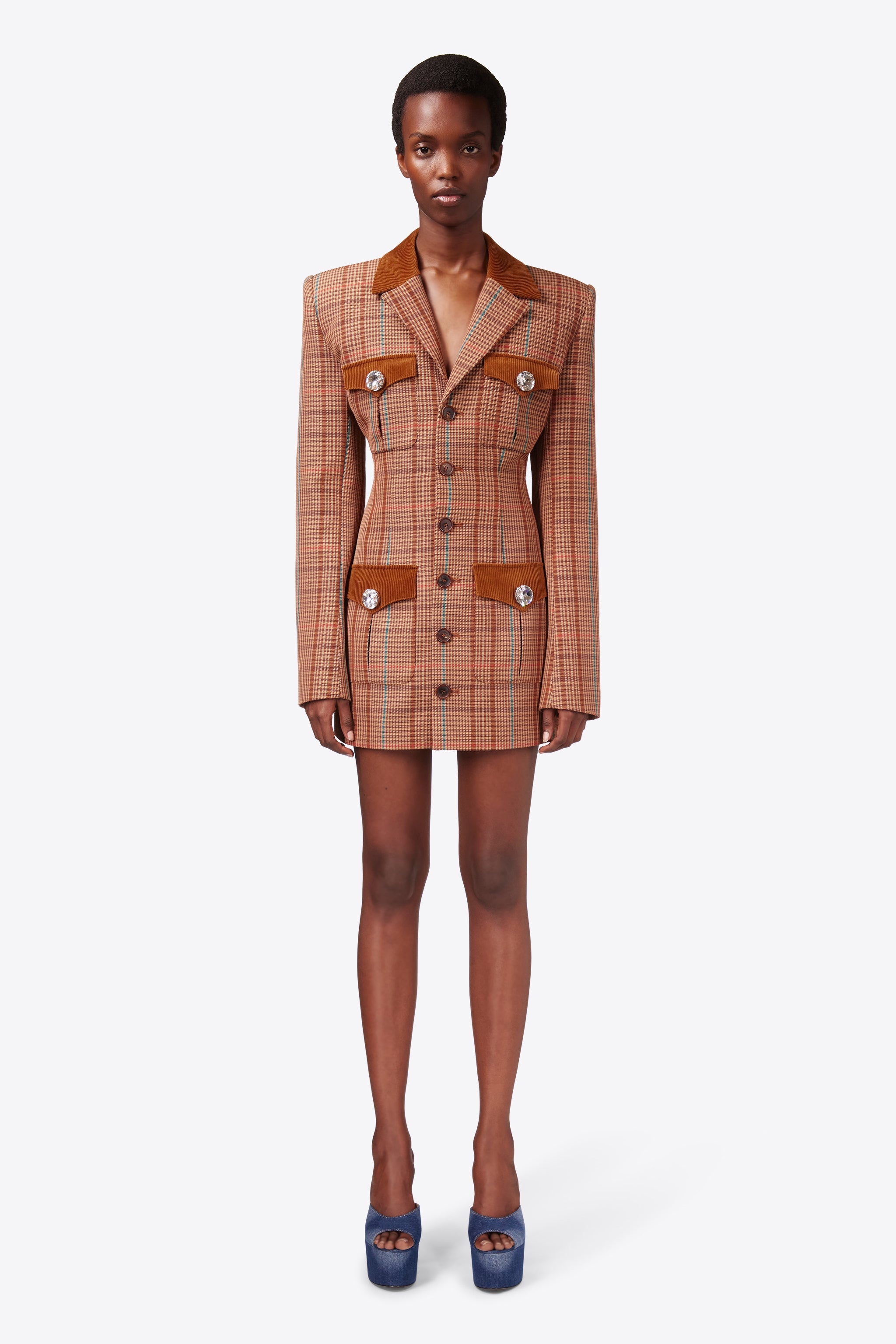 CRYSTAL BUTTON CHECKED OPEN BACK BLAZER DRESS - 3
