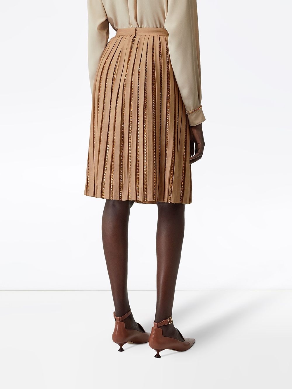 Crystal Detail Plissé Soleil Wool Silk Blend Skirt - 4