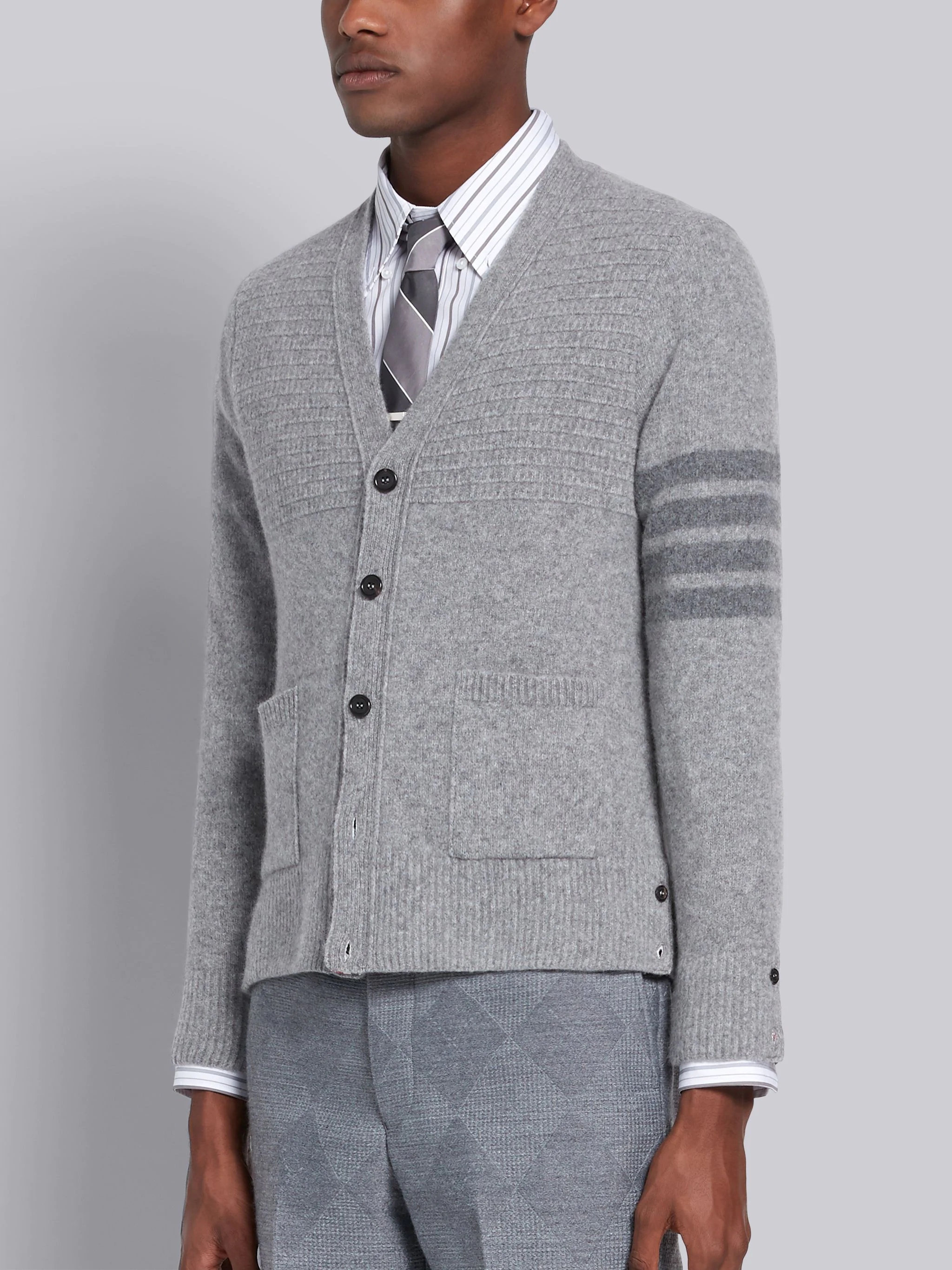 Light Grey Overwashed Wool Cashmere Variegated Cardigan Stitch Tonal 4-Bar V-neck Cardigan - 3