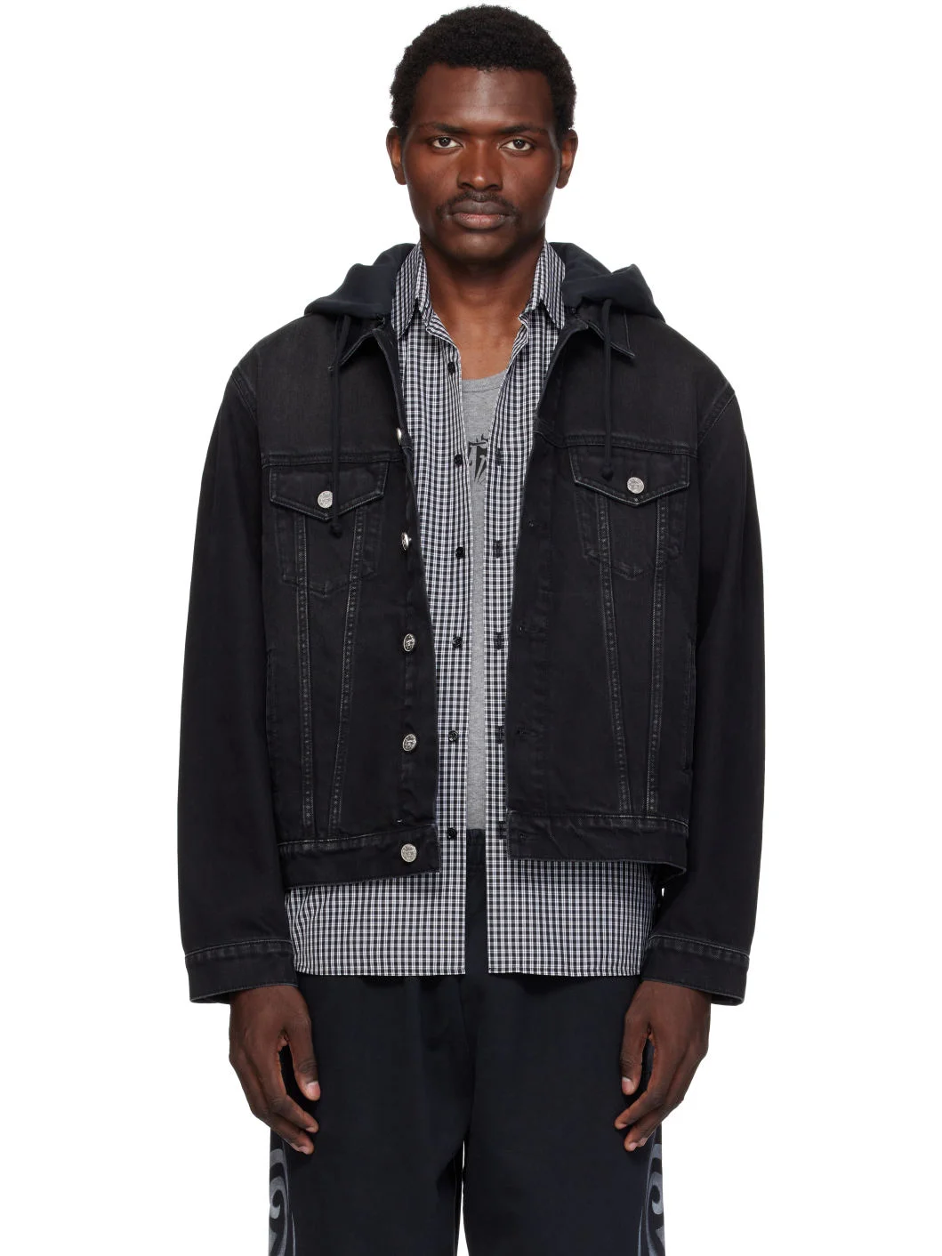 Black Detachable Hood Denim Jacket - 1