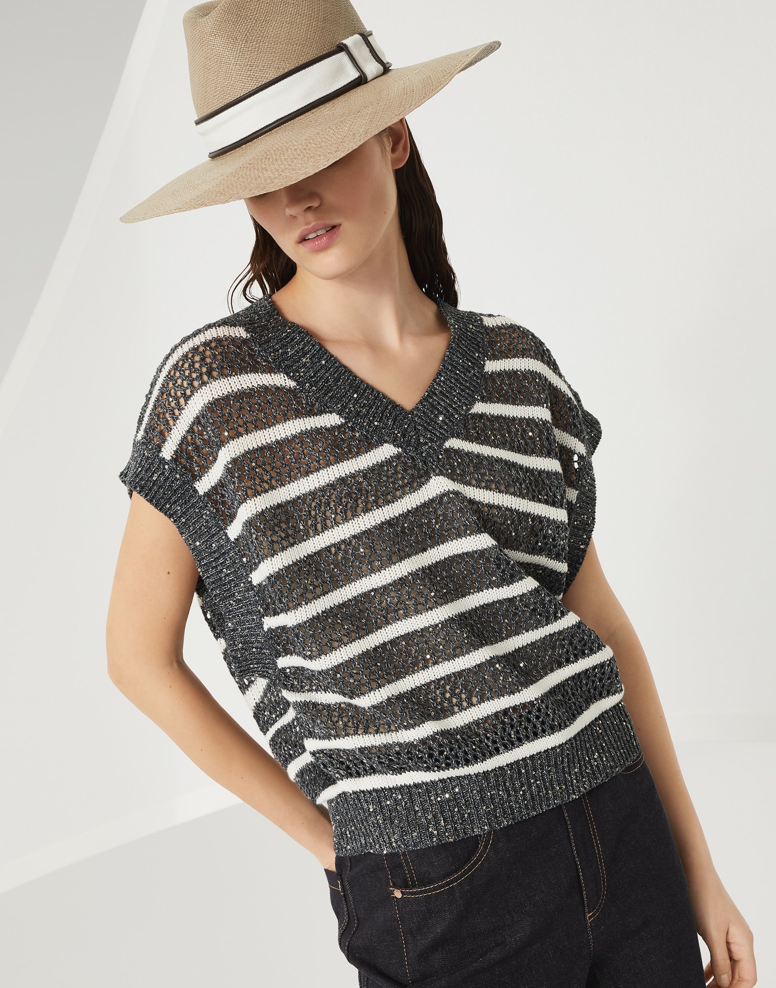 Dazzling striped net knit t-shirt in linen - 4