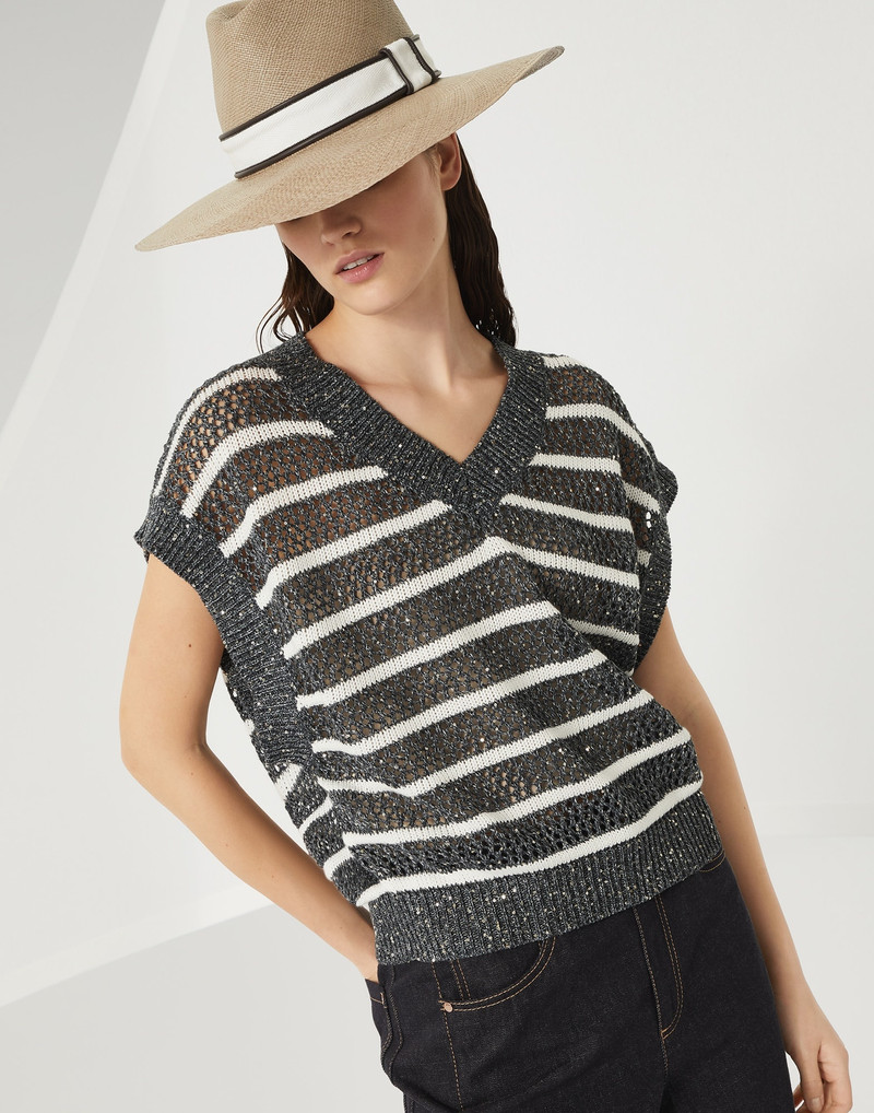 Dazzling striped net knit t-shirt in linen 4