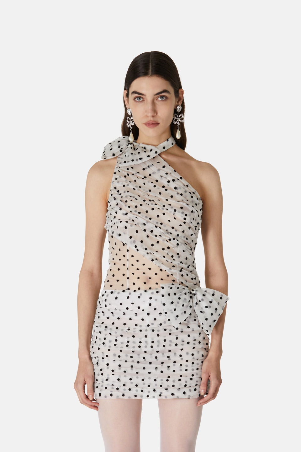 FLOCKED POLKA DOT SILK ORGANZA DRAPED MINI DRESS - 6