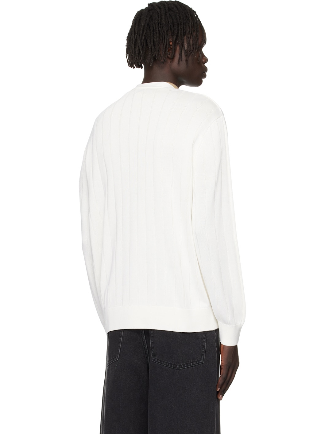 White Fluid Rib Knit Cardigan - 3