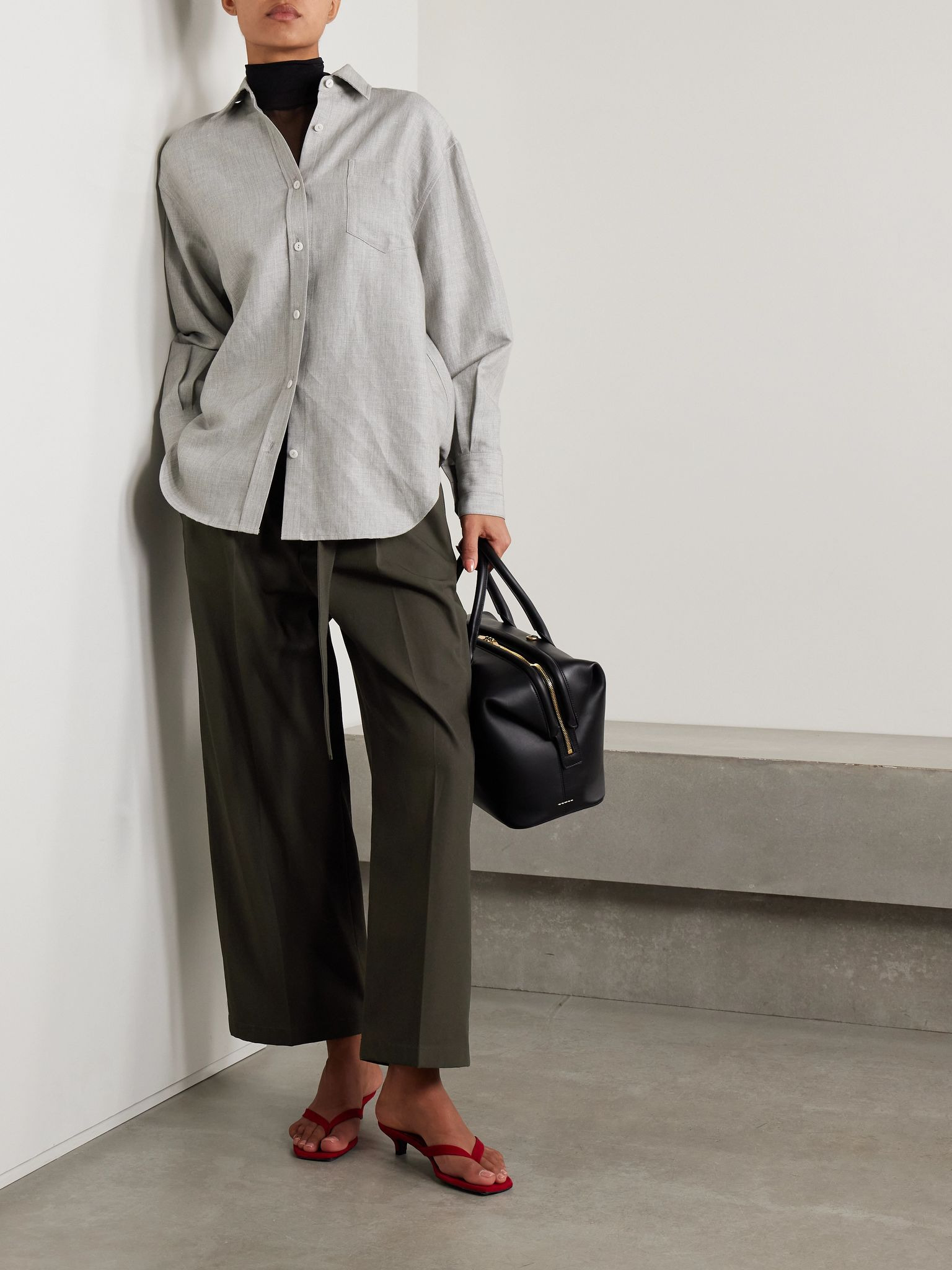 Belted pleated organic cotton-twill pants Dark green - 2
