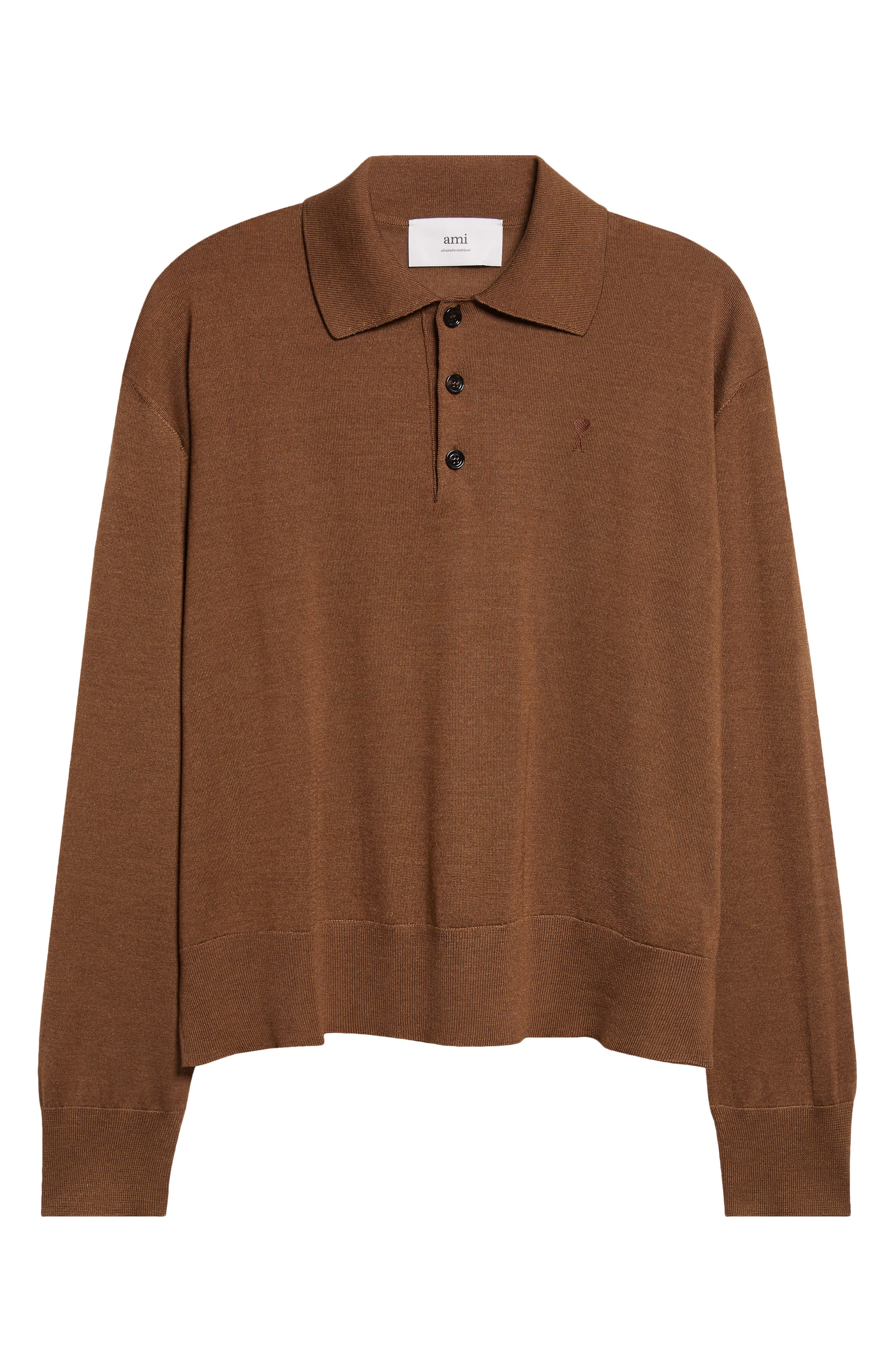 AMI PARIS Ami de Coeur Wool & Silk Polo Sweater in Hazelnut at Nordstrom - 5