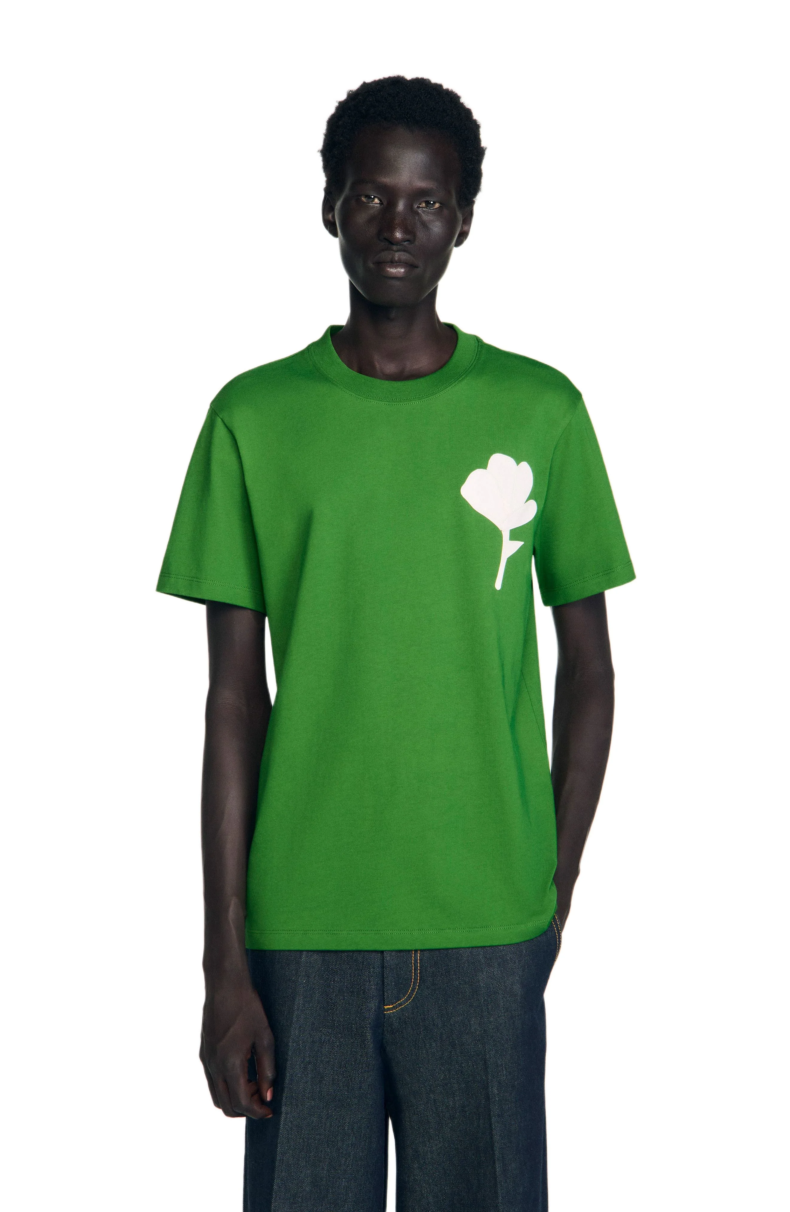 SANDRO T-shirt with flower patch in Lime at Nordstrom - 1