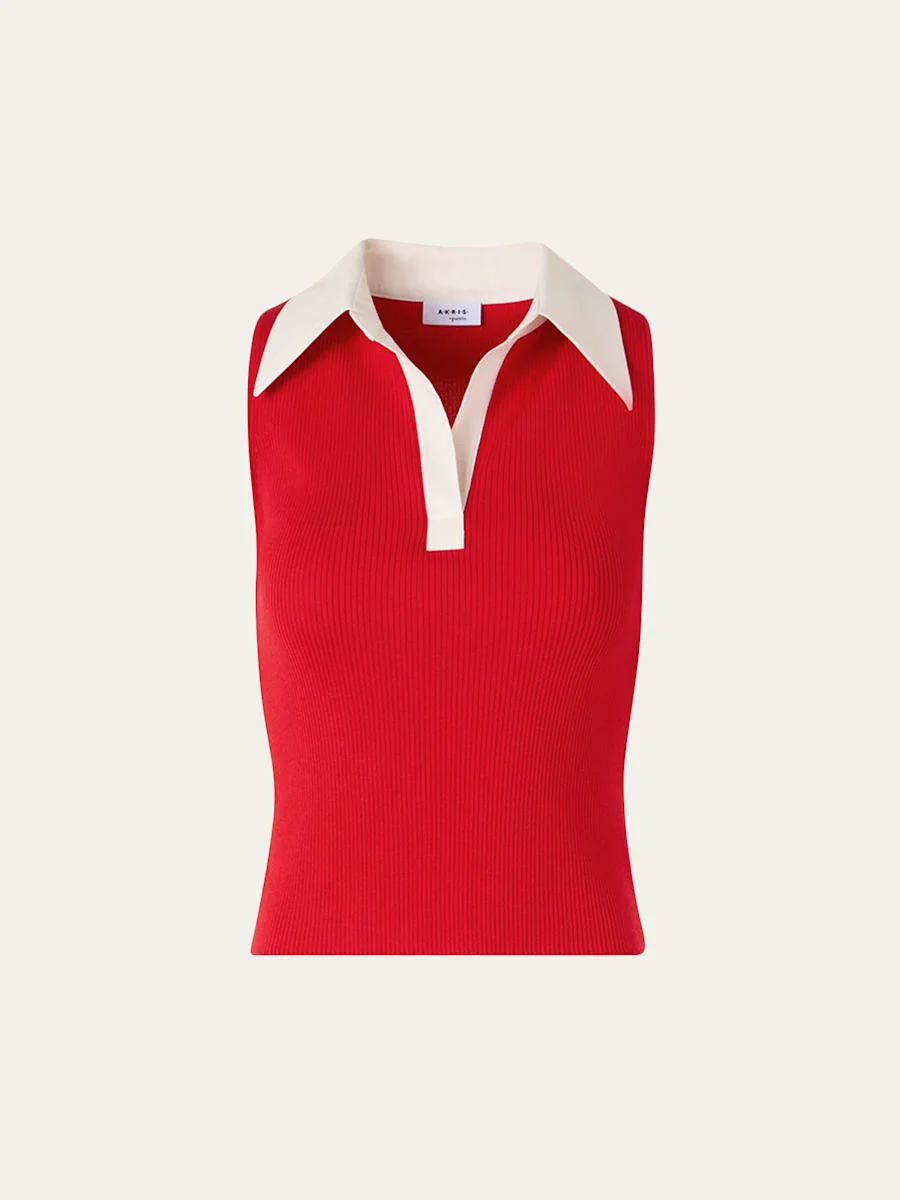 Sleeveless Wool Rib Polo Top - 1