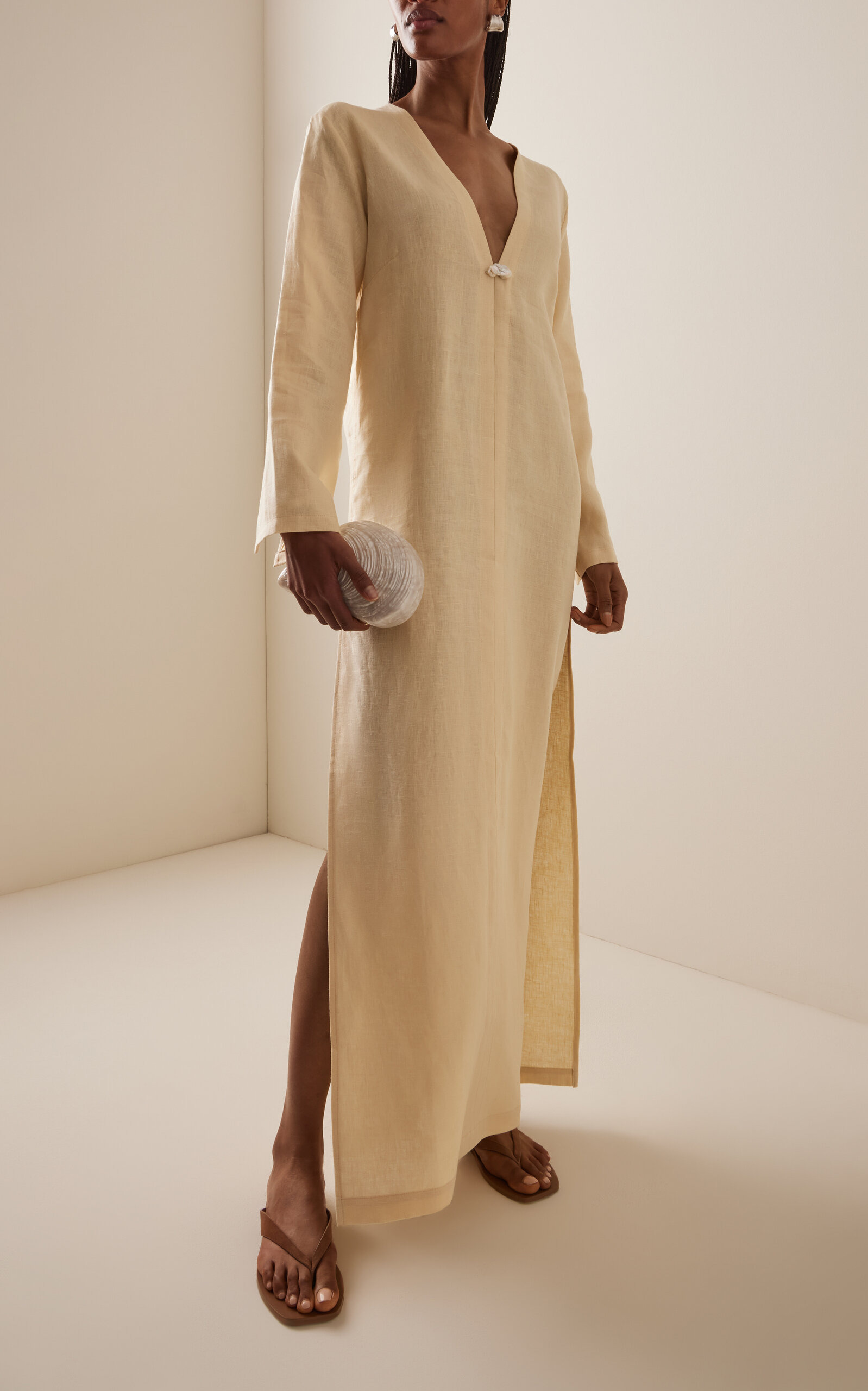 Pearl-Embellished Linen Maxi Dress yellow - 2